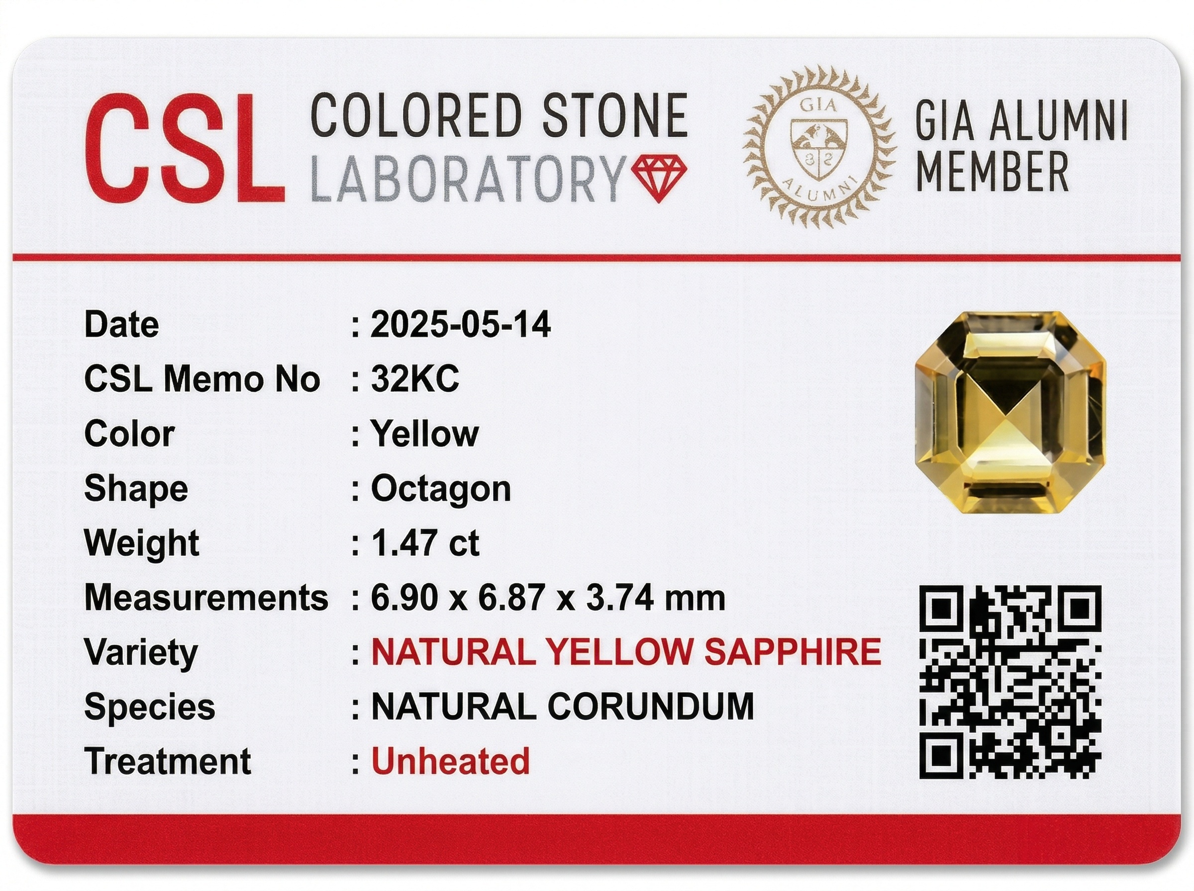 1.46 Ct. Yellow Sapphire from Ceylon (Sri Lanka)