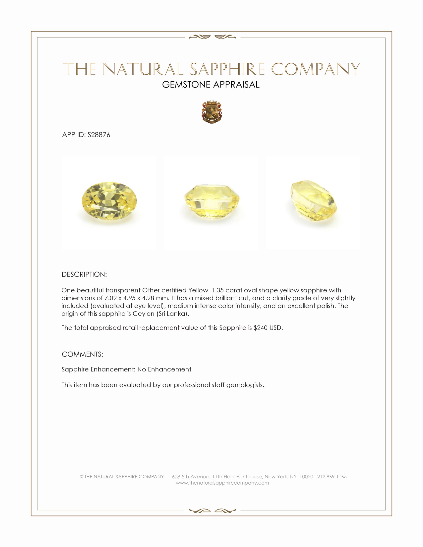 1.35 Ct. Yellow Sapphire from Ceylon (Sri Lanka)