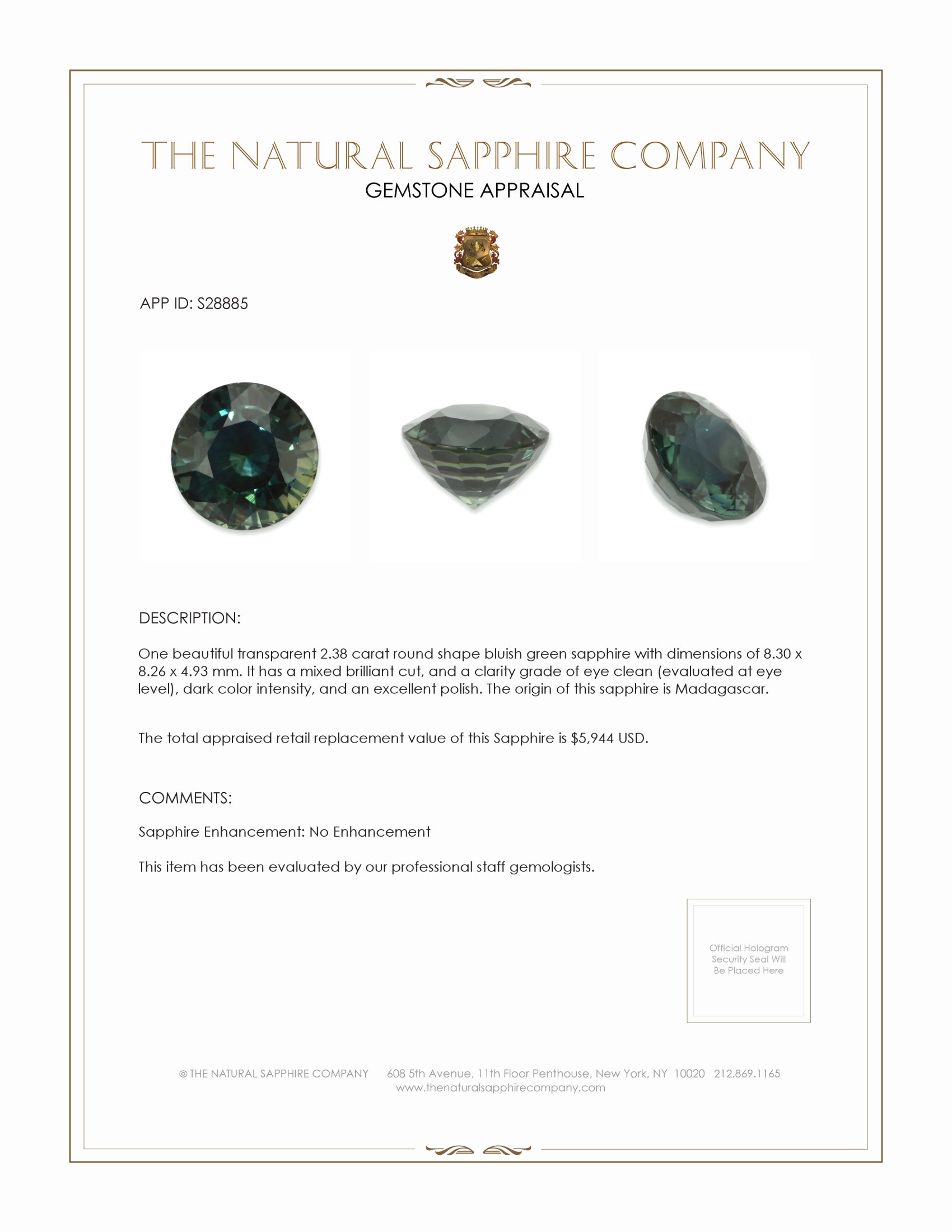 2.38 Ct. Bluish Green Sapphire from Madagascar