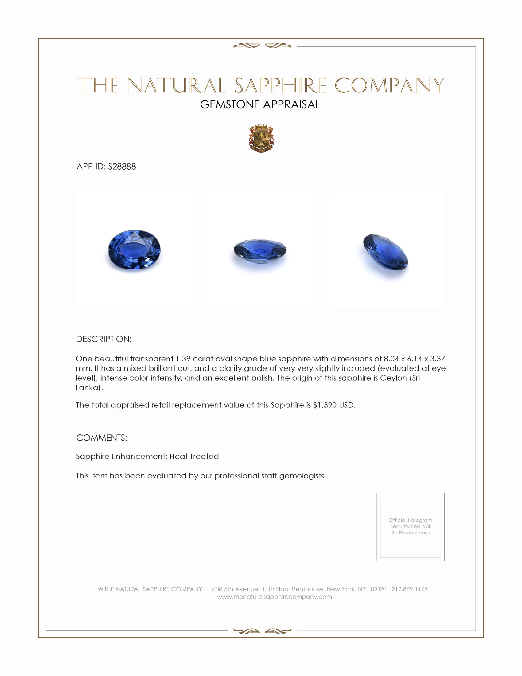 1.39 Ct. Blue Sapphire from Ceylon (Sri Lanka)