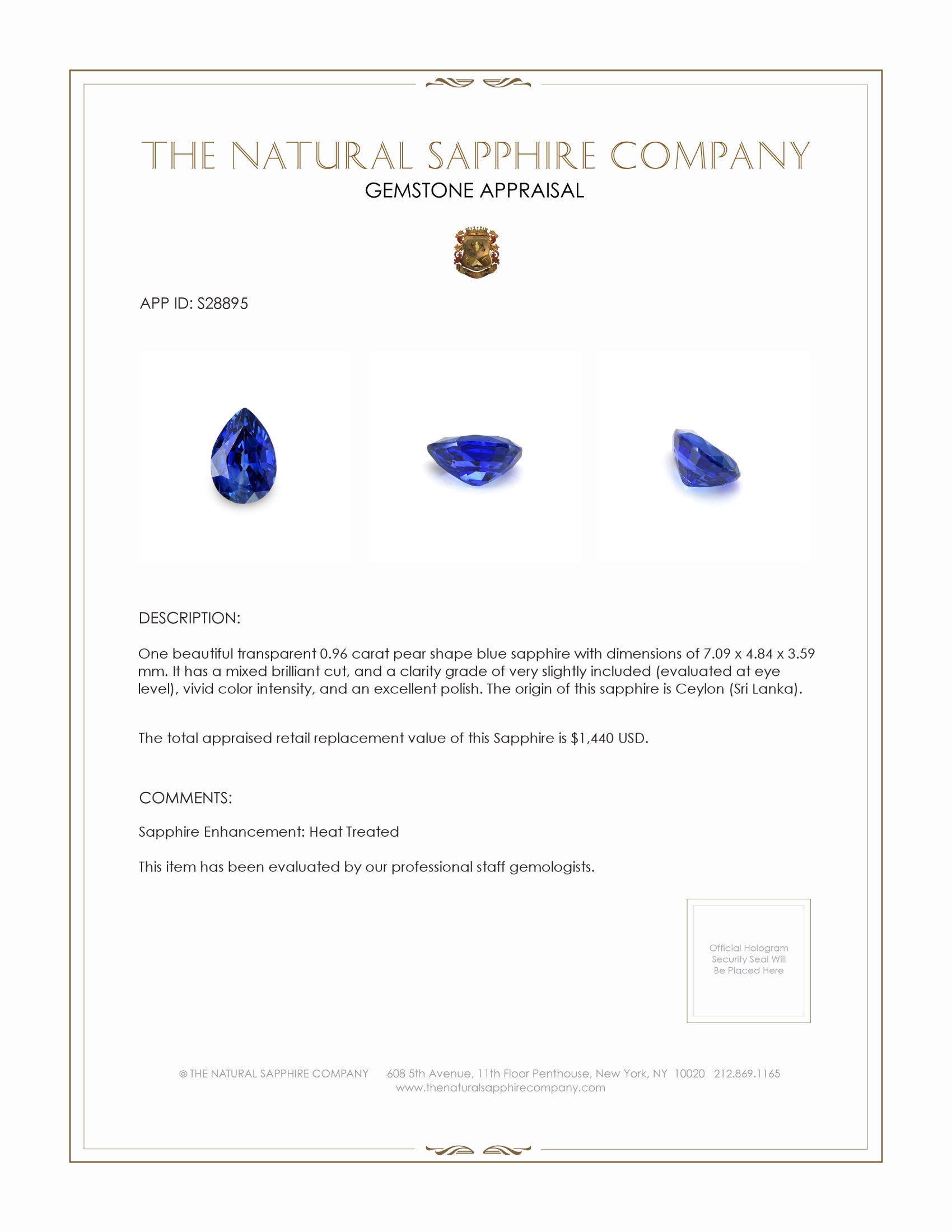 0.96 Ct. Blue Sapphire from Ceylon (Sri Lanka)