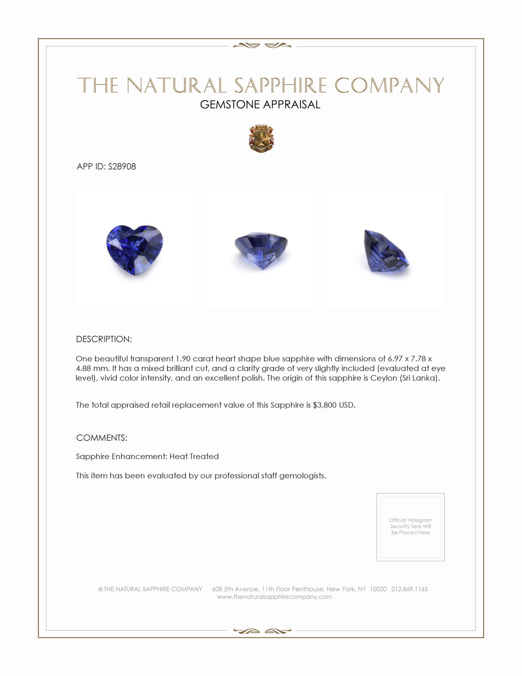 1.90 Ct. Blue Sapphire from Ceylon (Sri Lanka)