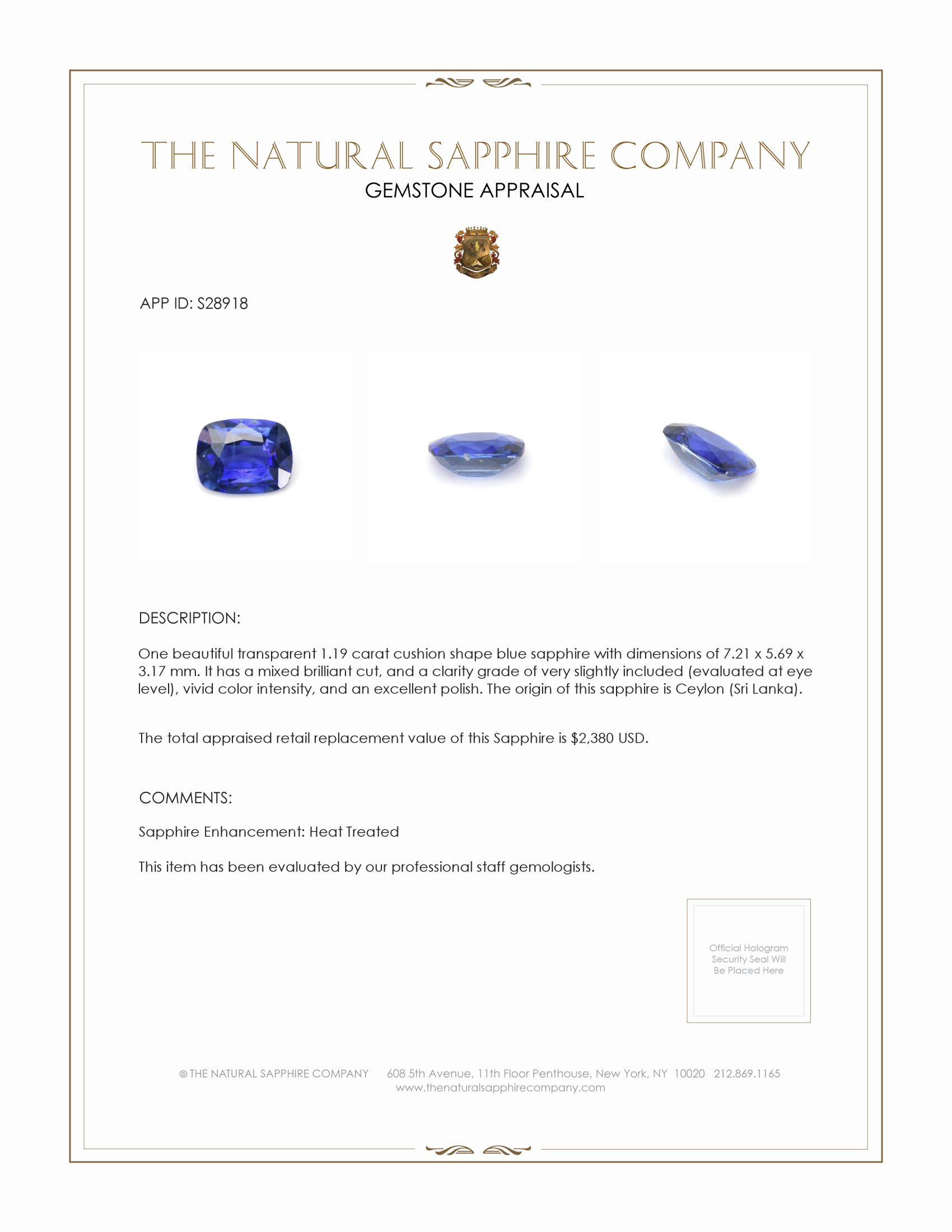 1.19 Ct. Blue Sapphire from Ceylon (Sri Lanka)