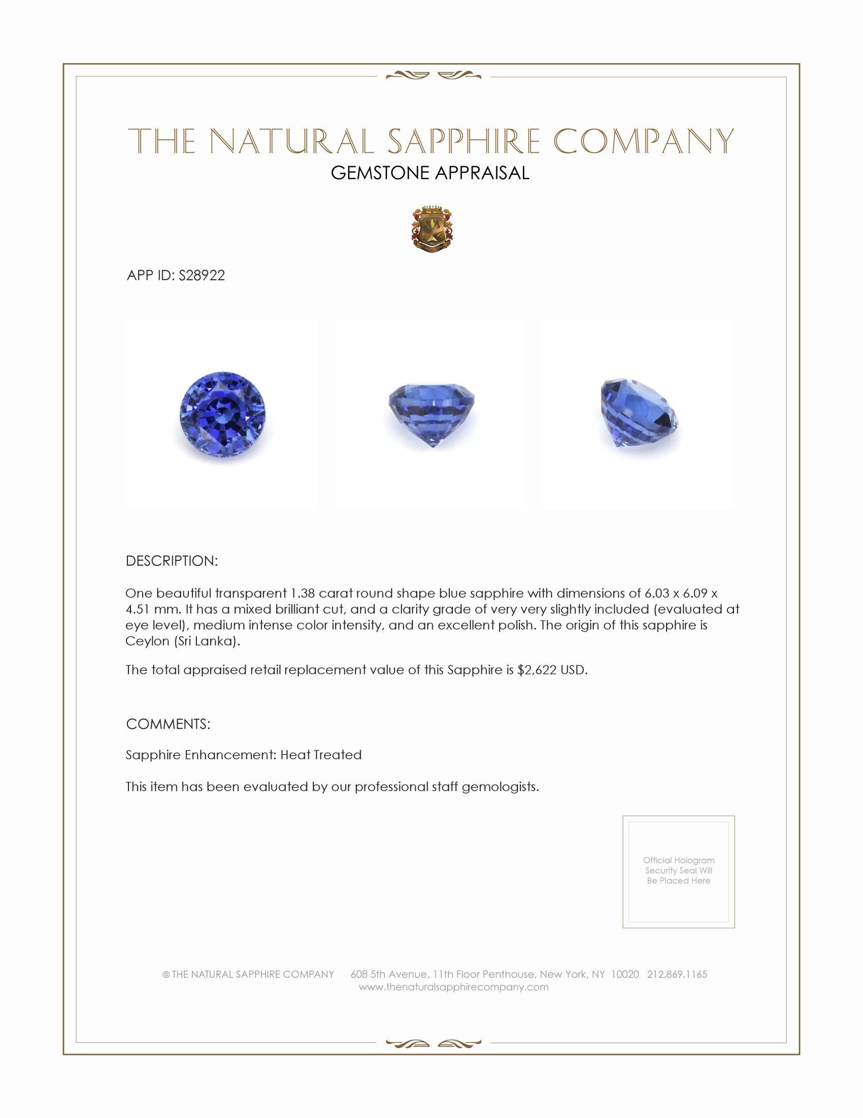 1.38 Ct. Blue Sapphire from Ceylon (Sri Lanka)