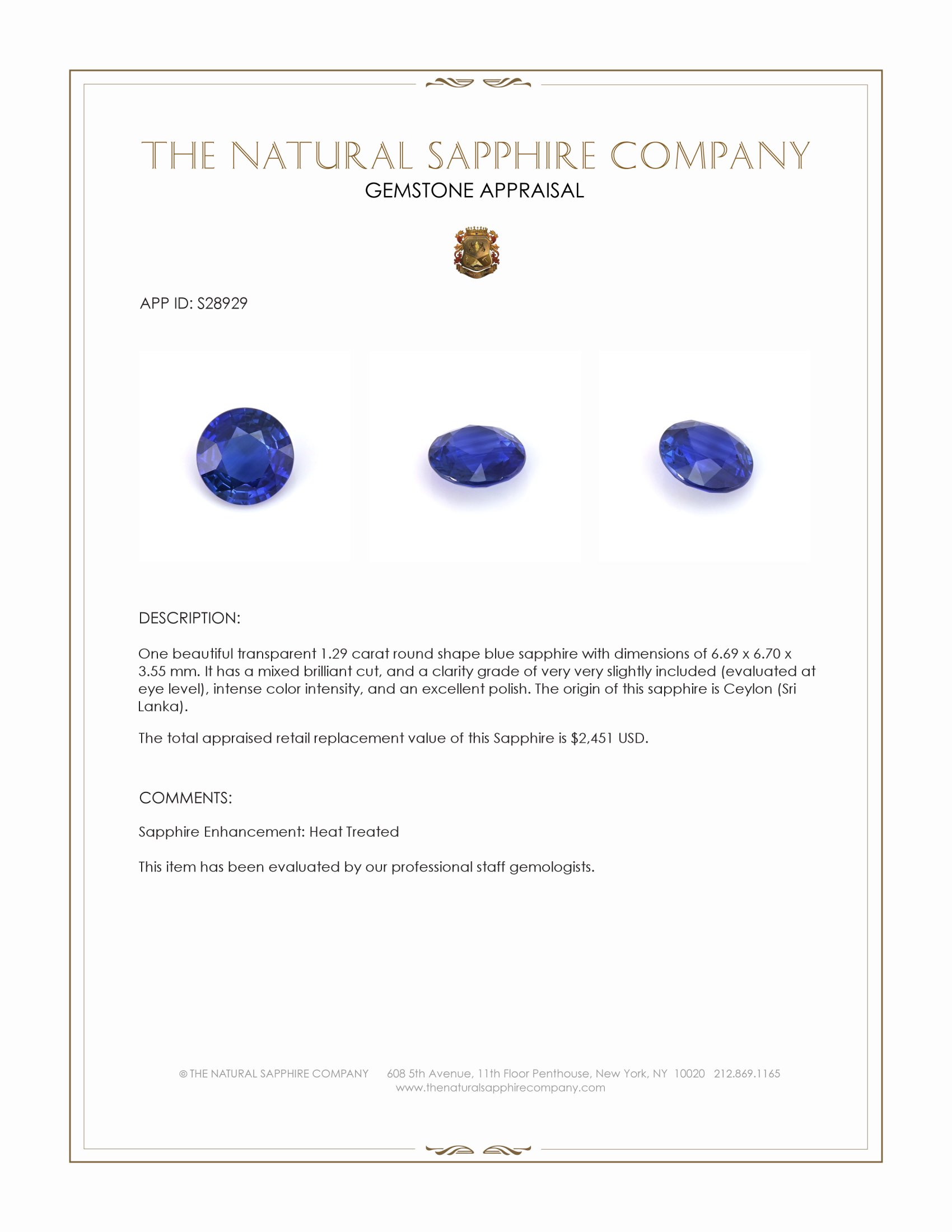 1.29 Ct. Blue Sapphire from Ceylon (Sri Lanka)