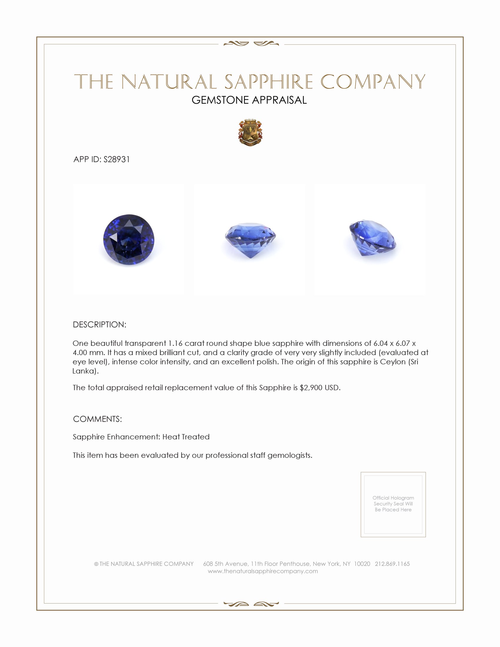 1.16 Ct. Blue Sapphire from Ceylon (Sri Lanka)