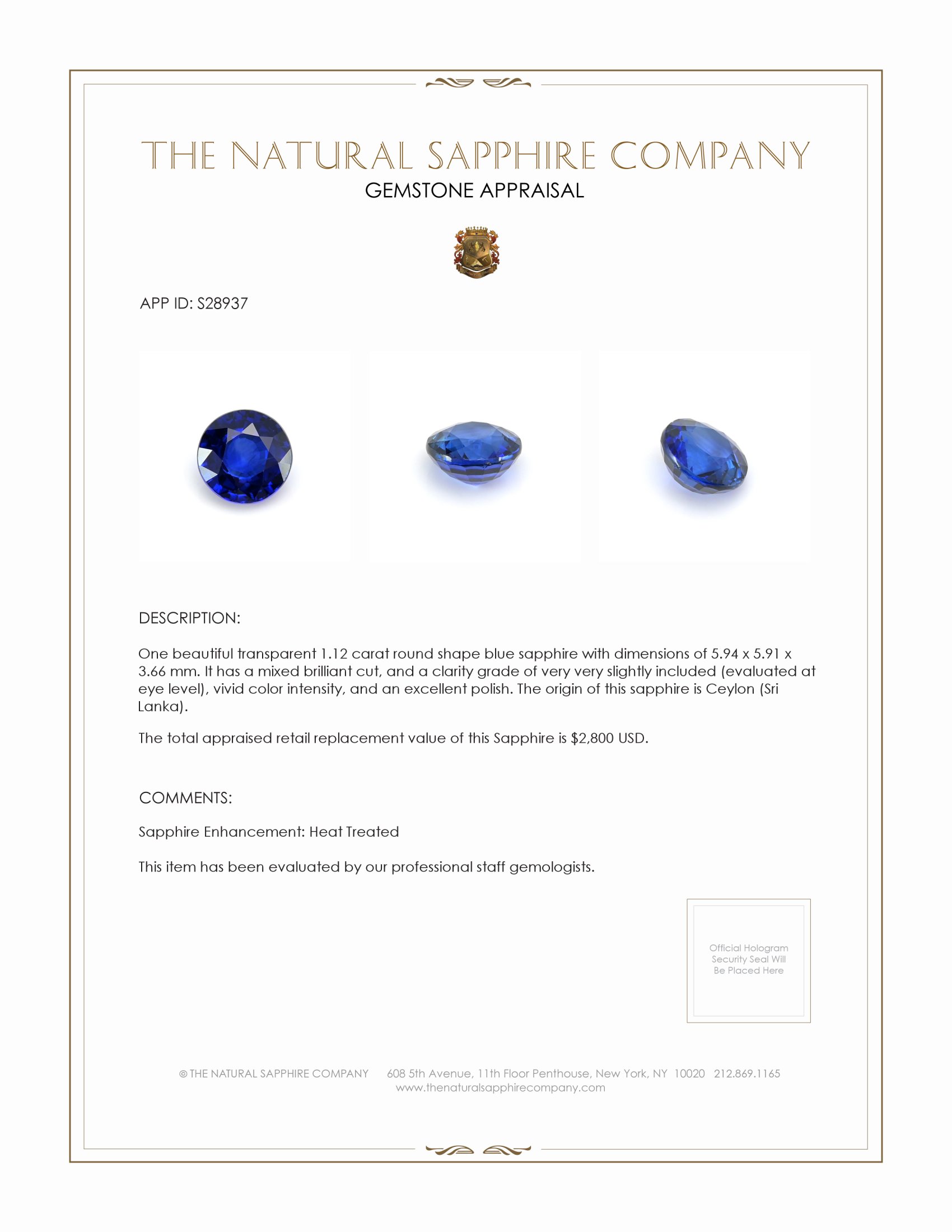 1.12 Ct. Blue Sapphire from Ceylon (Sri Lanka)