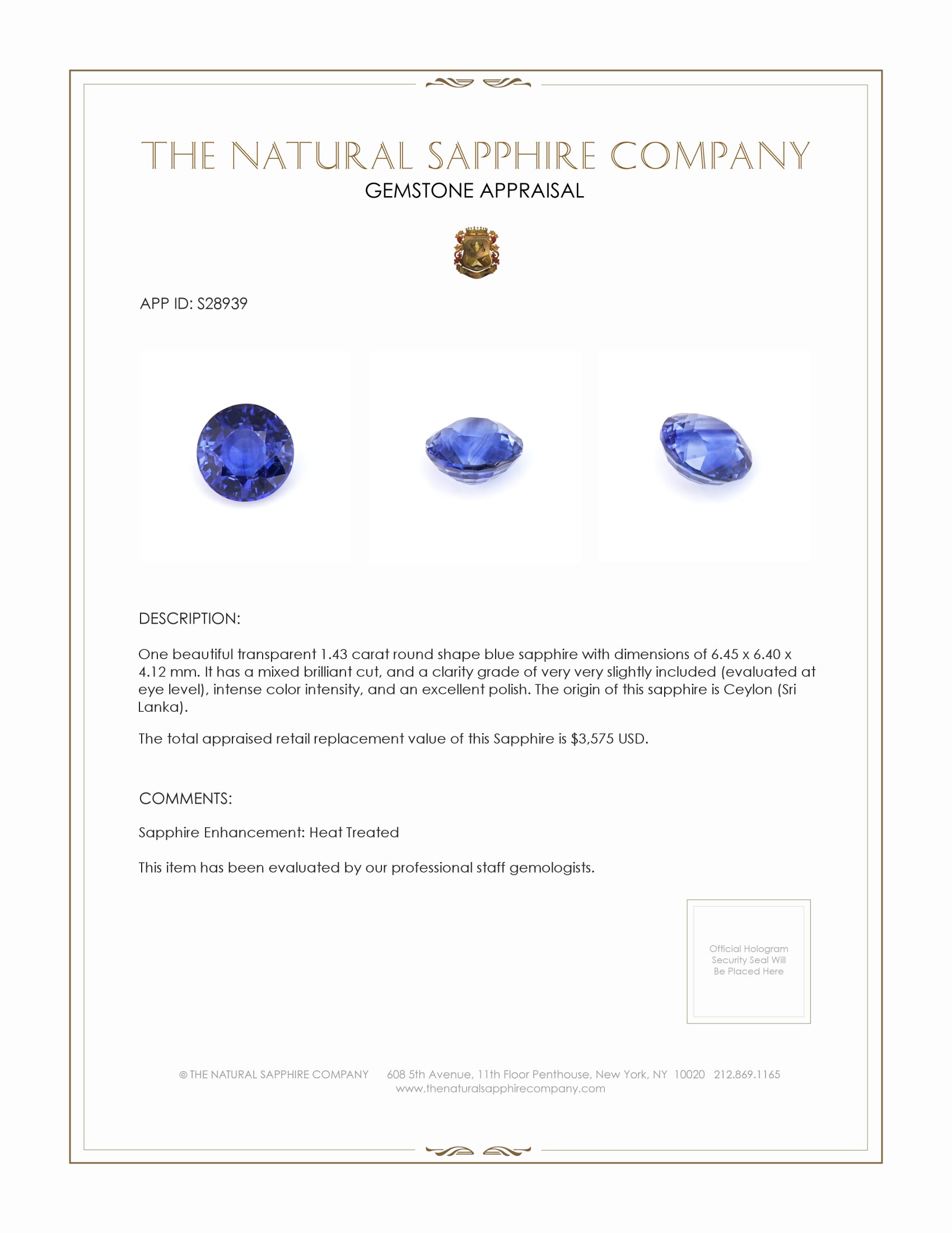 1.43 Ct. Blue Sapphire from Ceylon (Sri Lanka)