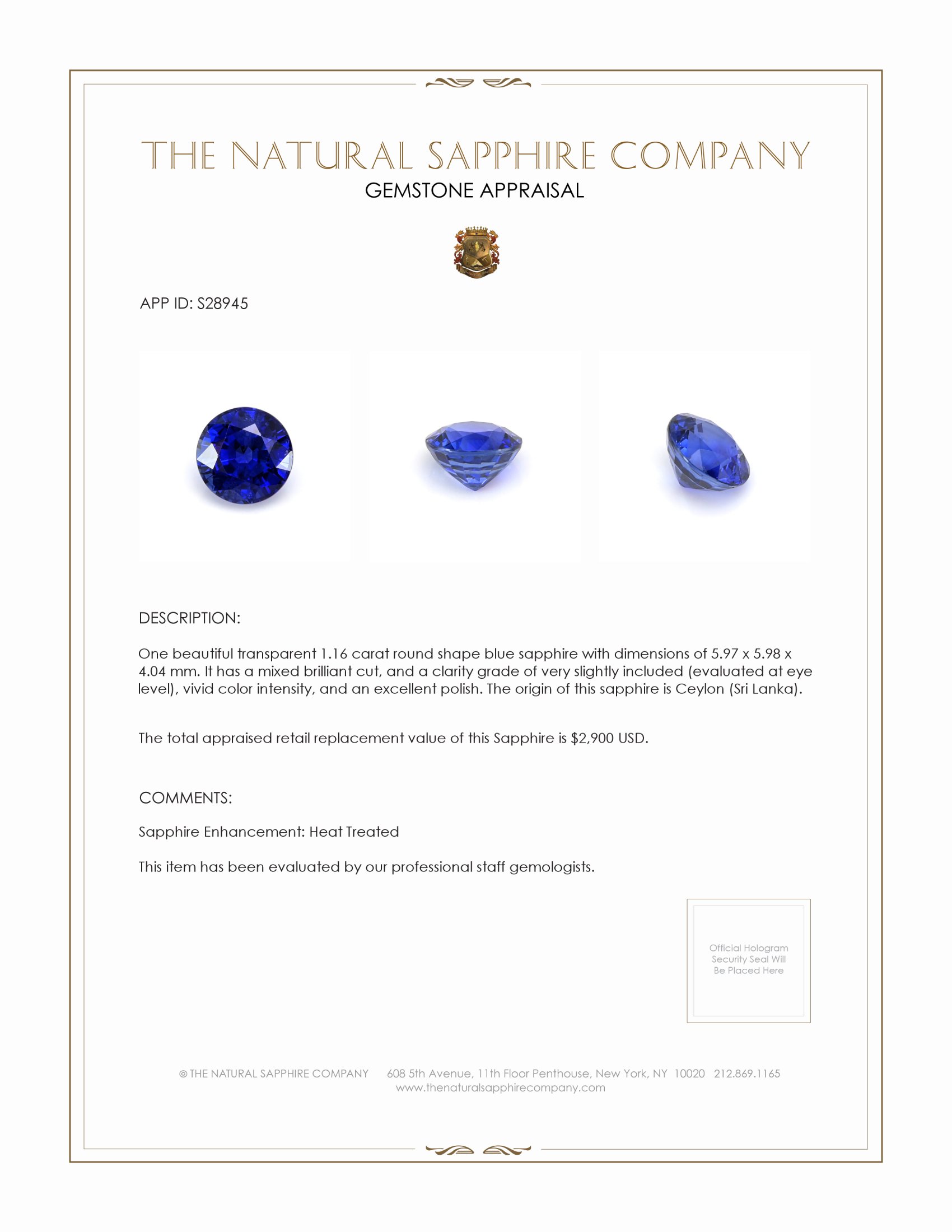 1.16 Ct. Blue Sapphire from Ceylon (Sri Lanka)