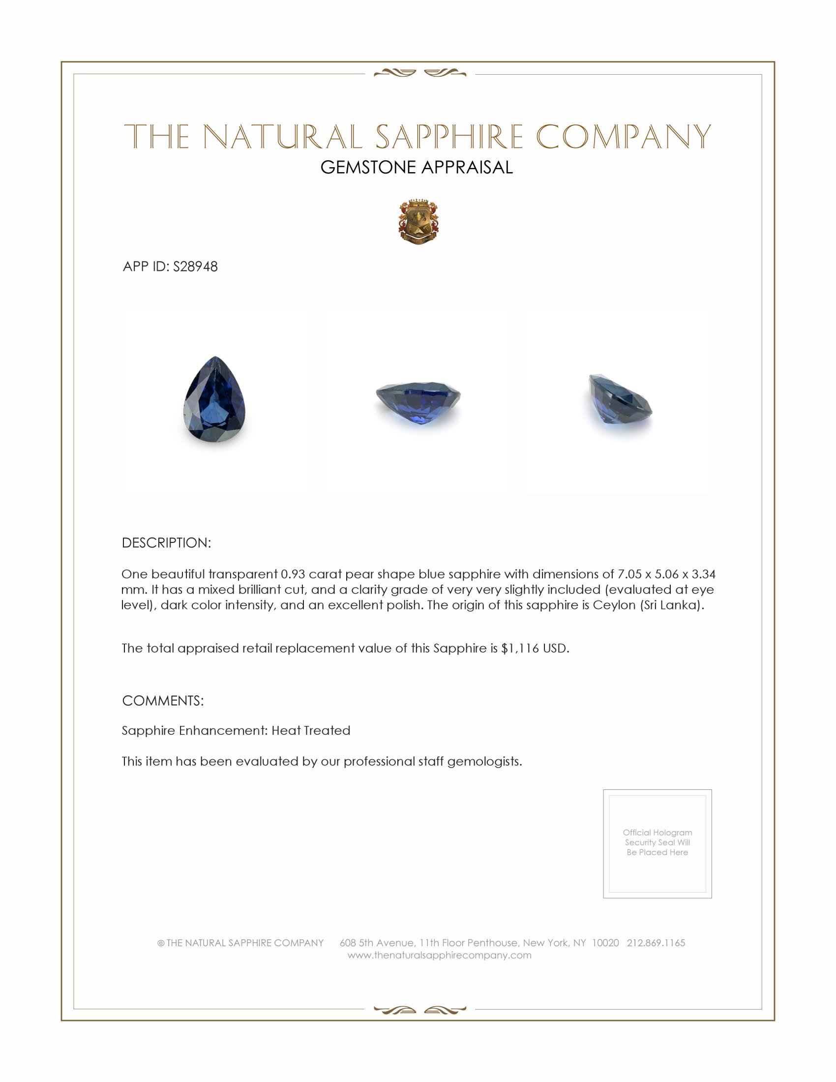 0.93 Ct. Blue Sapphire from Ceylon (Sri Lanka)
