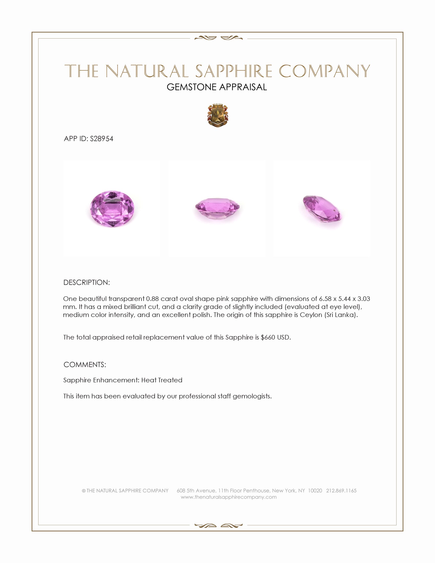 0.88 Ct. Pink Sapphire from Ceylon (Sri Lanka)