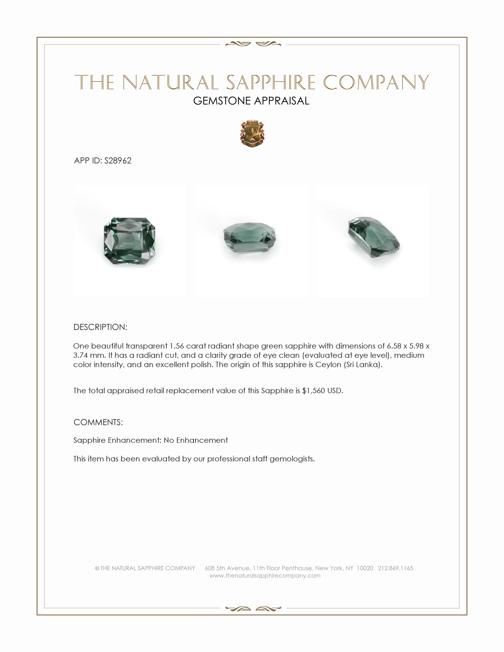 1.56 Ct. Green Sapphire from Ceylon (Sri Lanka)