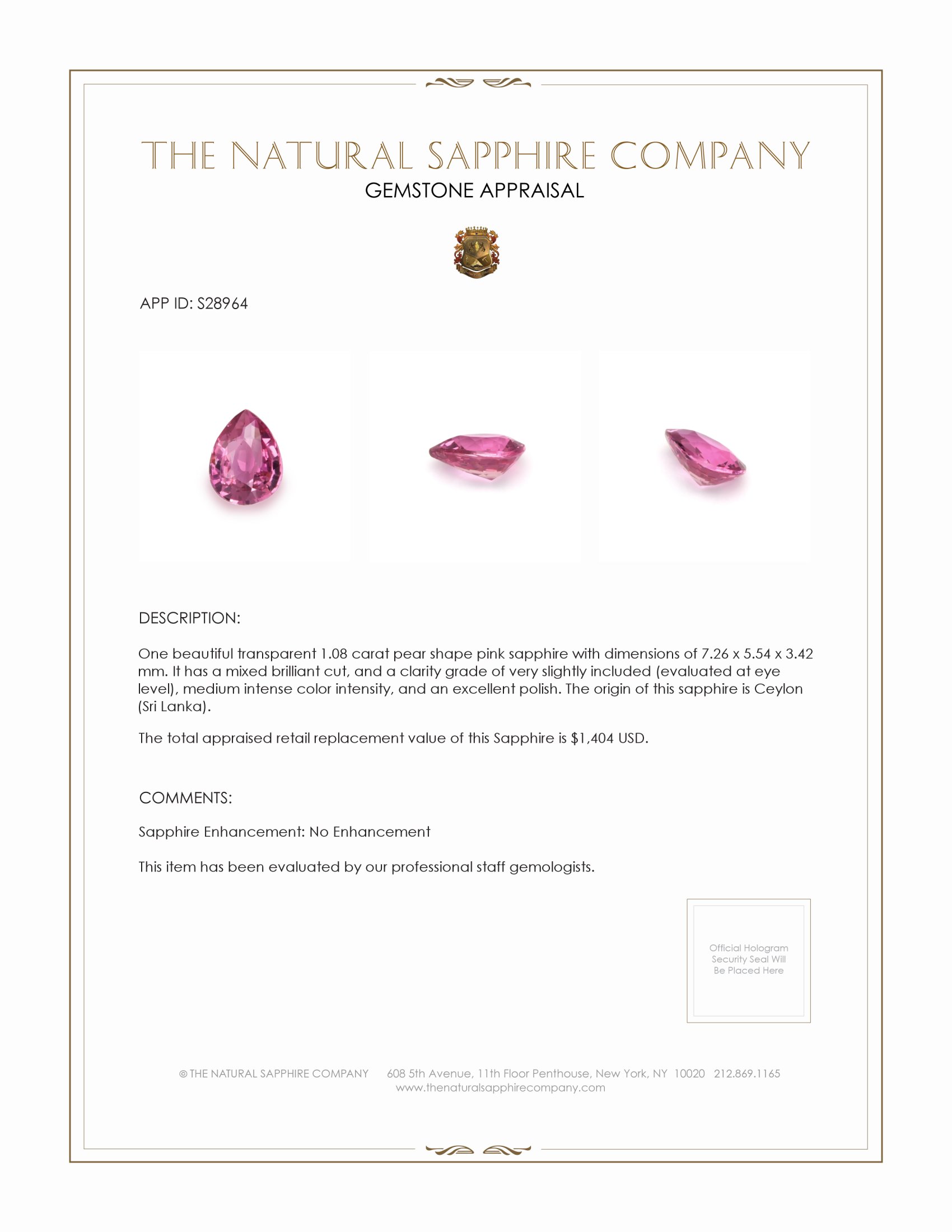 1.08 Ct. Pink Sapphire from Ceylon (Sri Lanka)