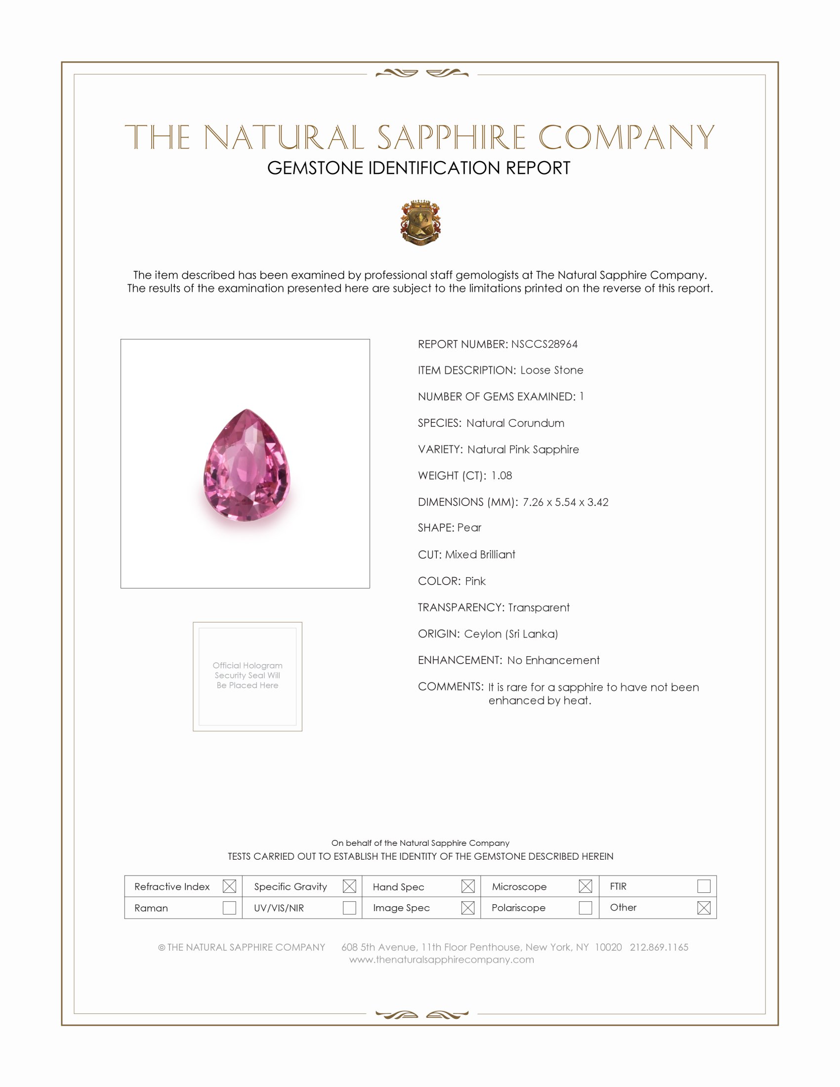1.08 Ct. Pink Sapphire from Ceylon (Sri Lanka)