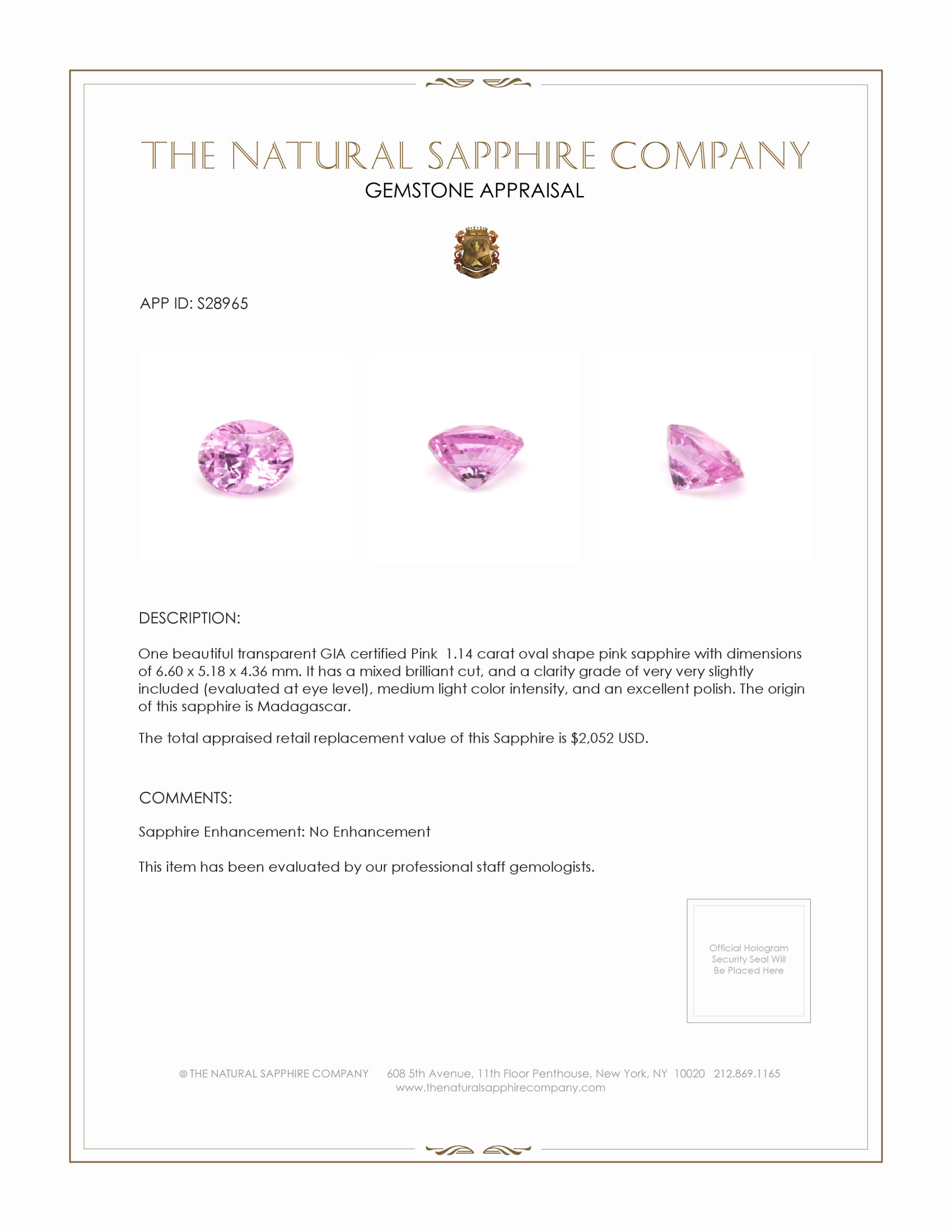 1.14 Ct. Pink Sapphire from Madagascar