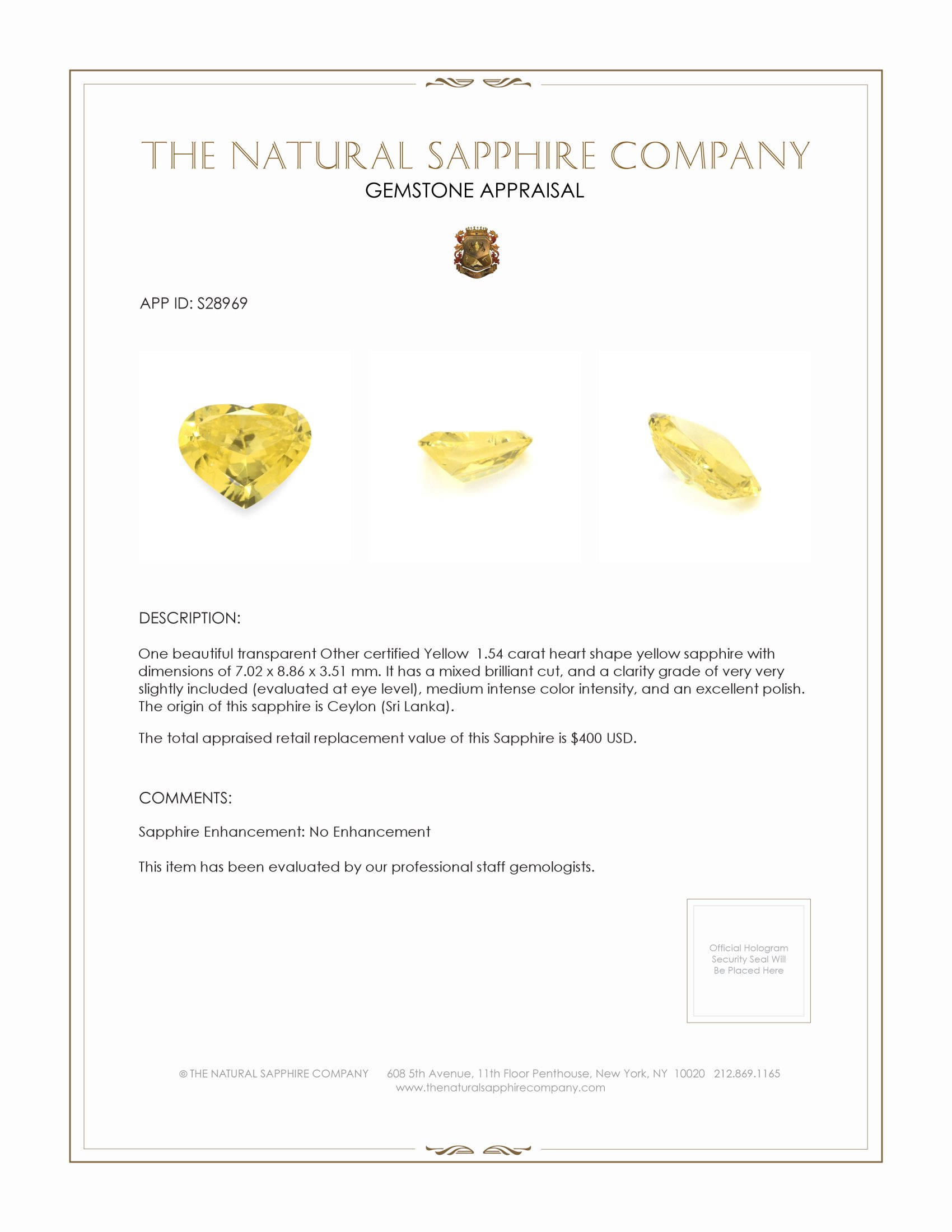 1.54 Ct. Yellow Sapphire from Ceylon (Sri Lanka)