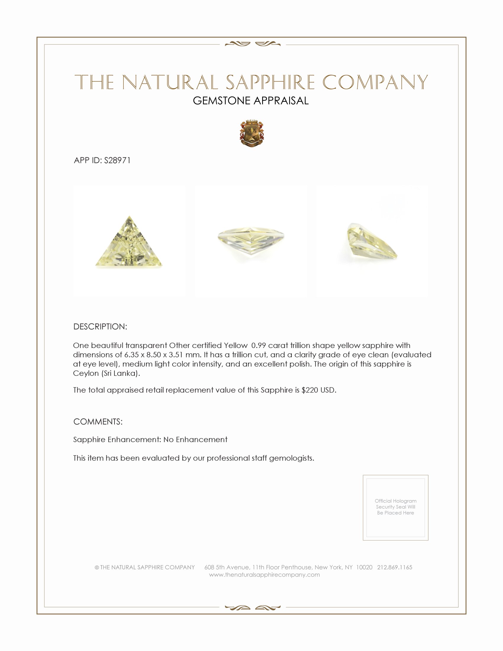 0.99 Ct. Yellow Sapphire from Ceylon (Sri Lanka)