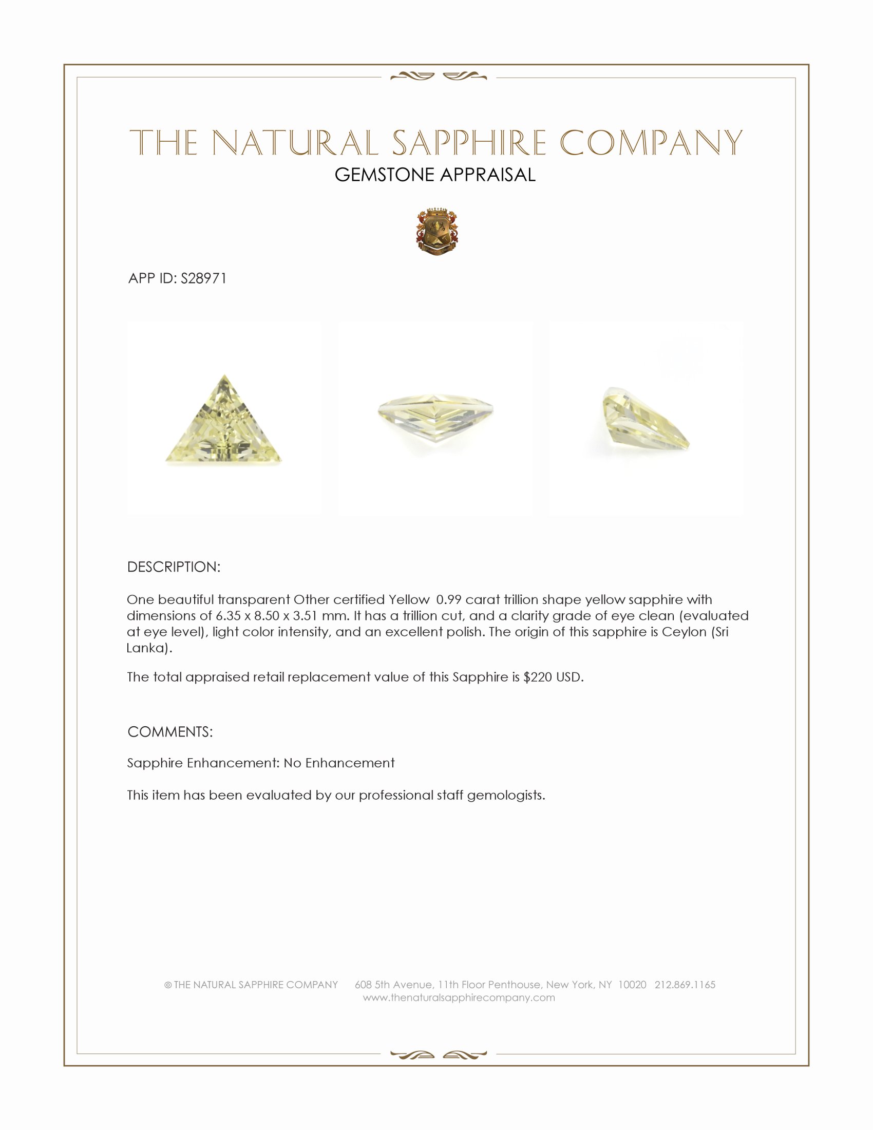 0.99 Ct. Yellow Sapphire from Ceylon (Sri Lanka)