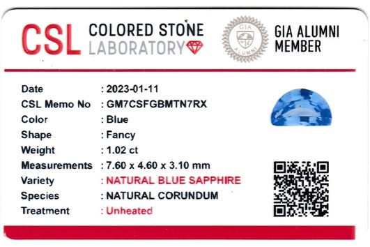 1.02 Ct. Blue Sapphire from Ceylon (Sri Lanka)