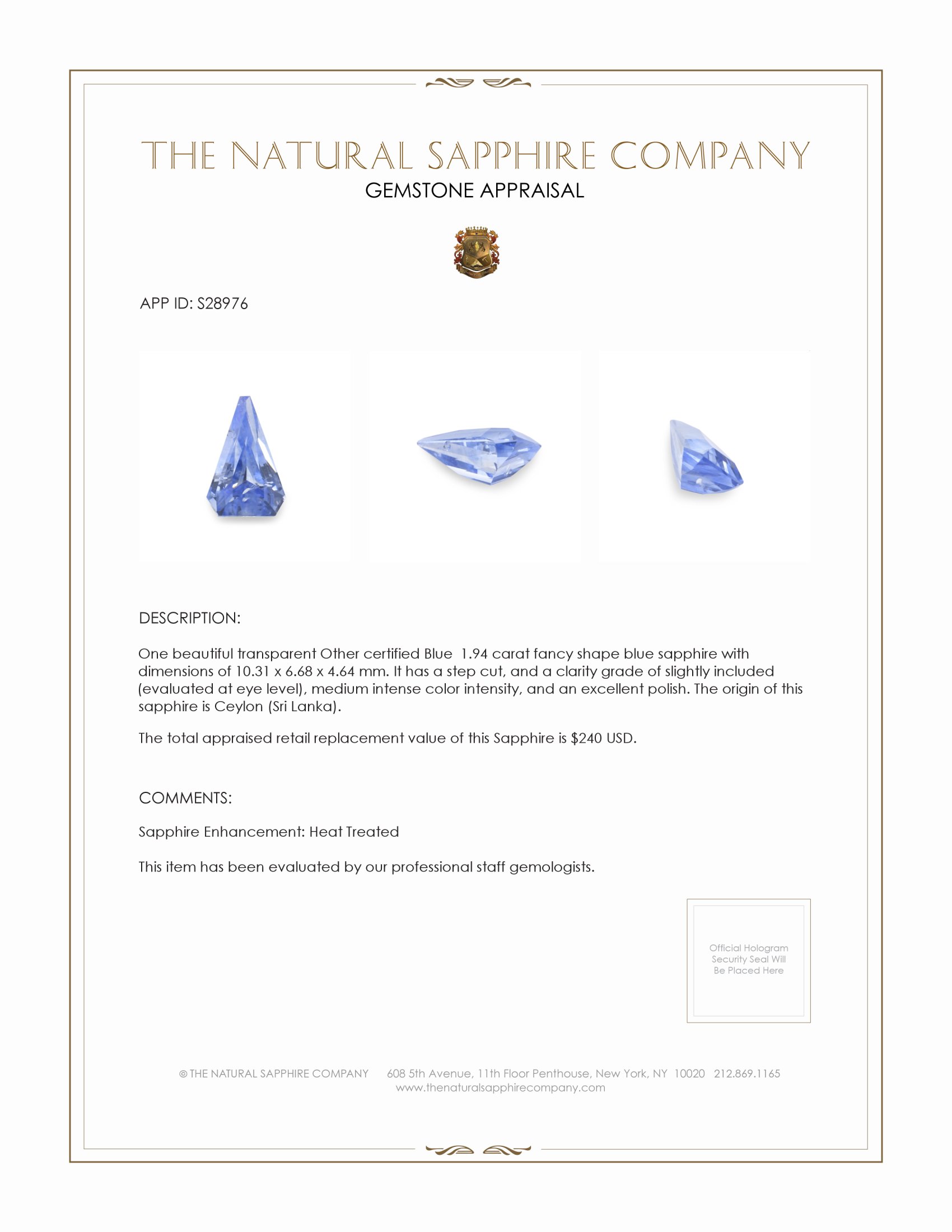 1.94 Ct. Blue Sapphire from Ceylon (Sri Lanka)