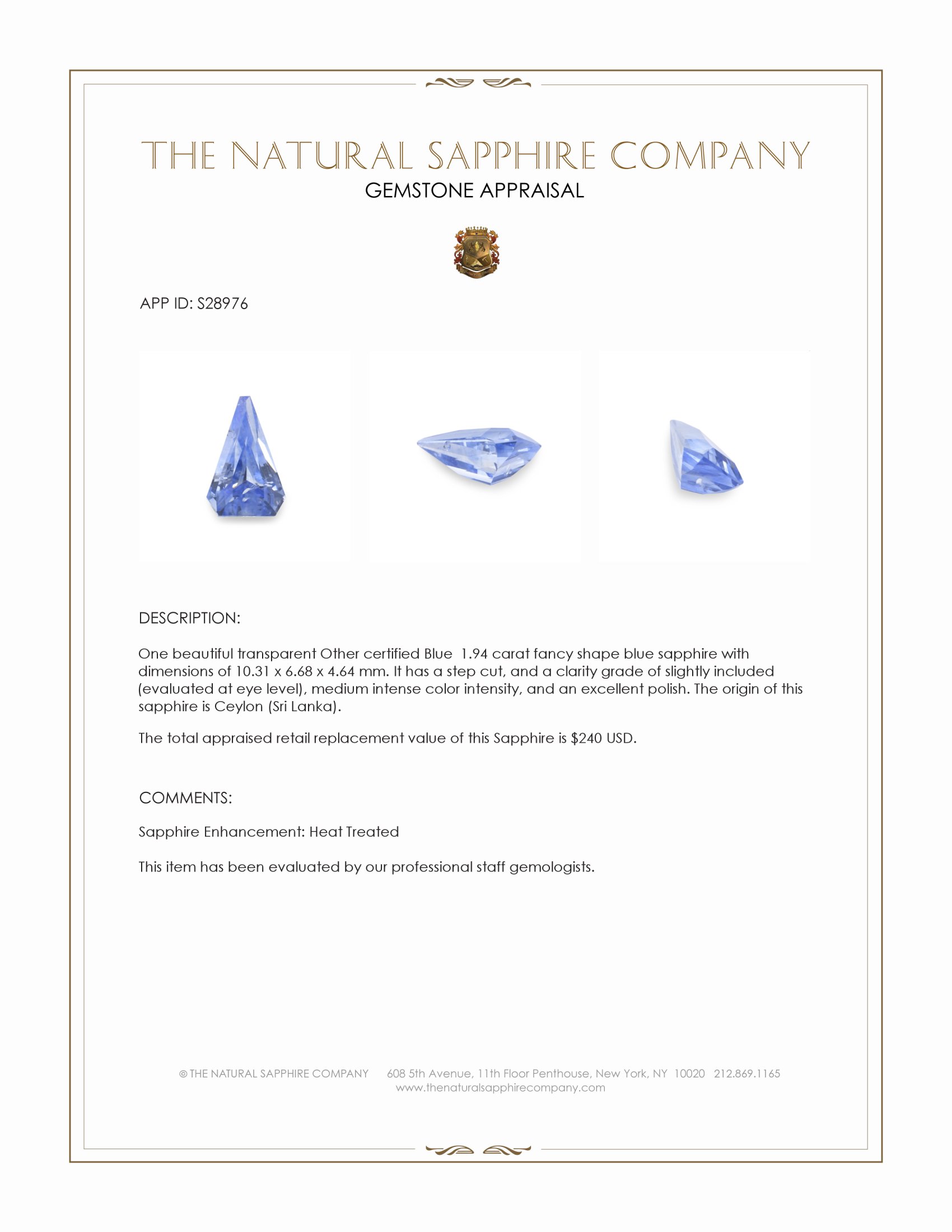 1.94 Ct. Blue Sapphire from Ceylon (Sri Lanka)