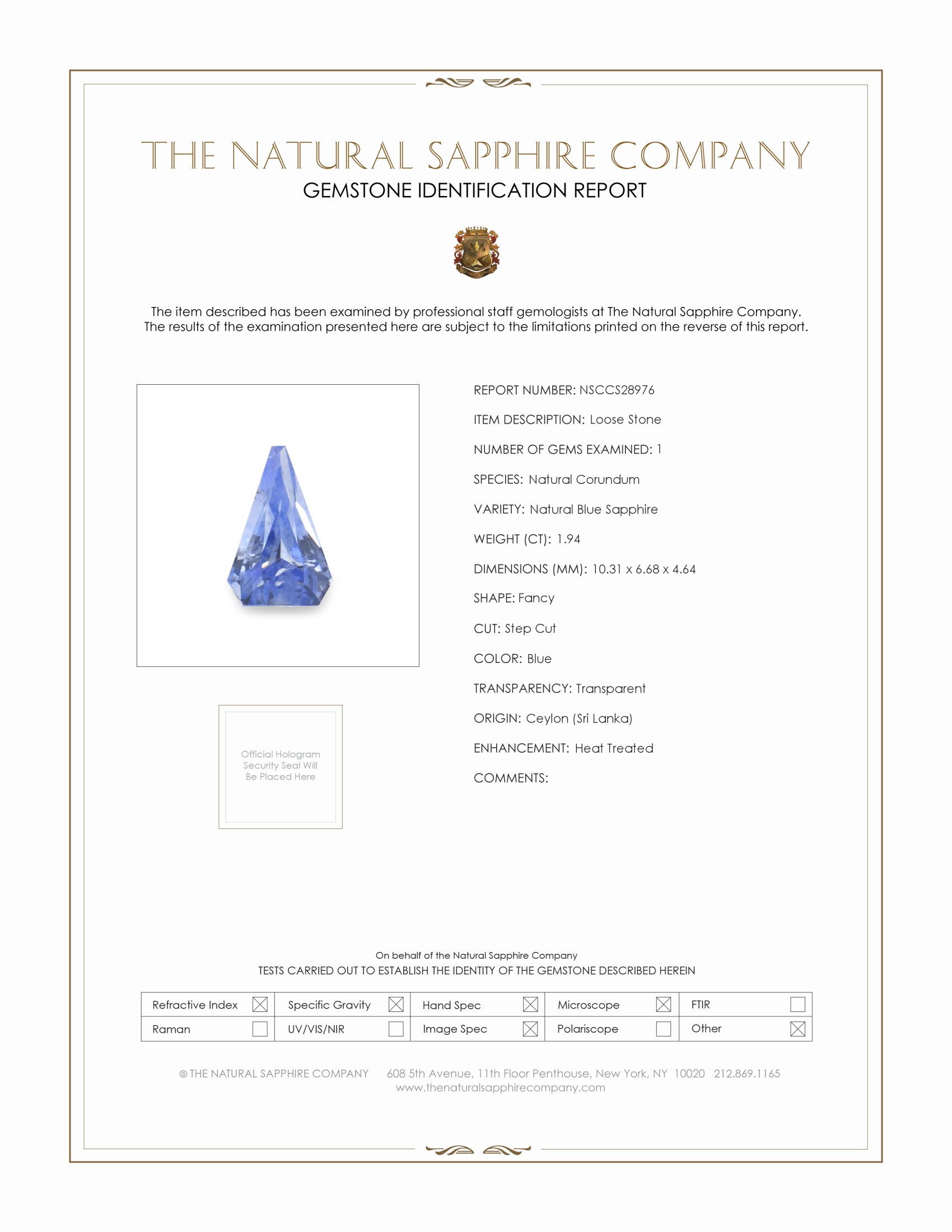 1.94 Ct. Blue Sapphire from Ceylon (Sri Lanka)
