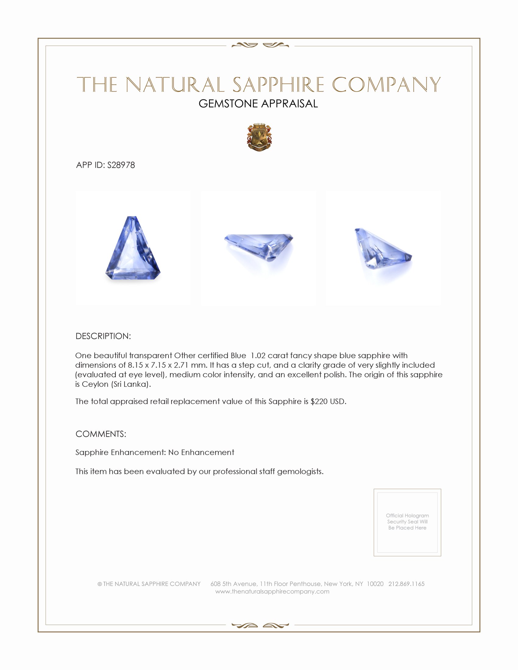 1.02 Ct. Blue Sapphire from Ceylon (Sri Lanka)