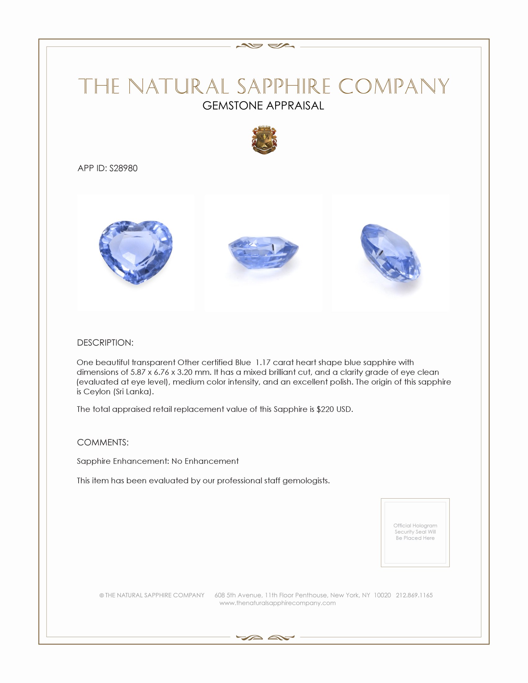1.17 Ct. Blue Sapphire from Ceylon (Sri Lanka)