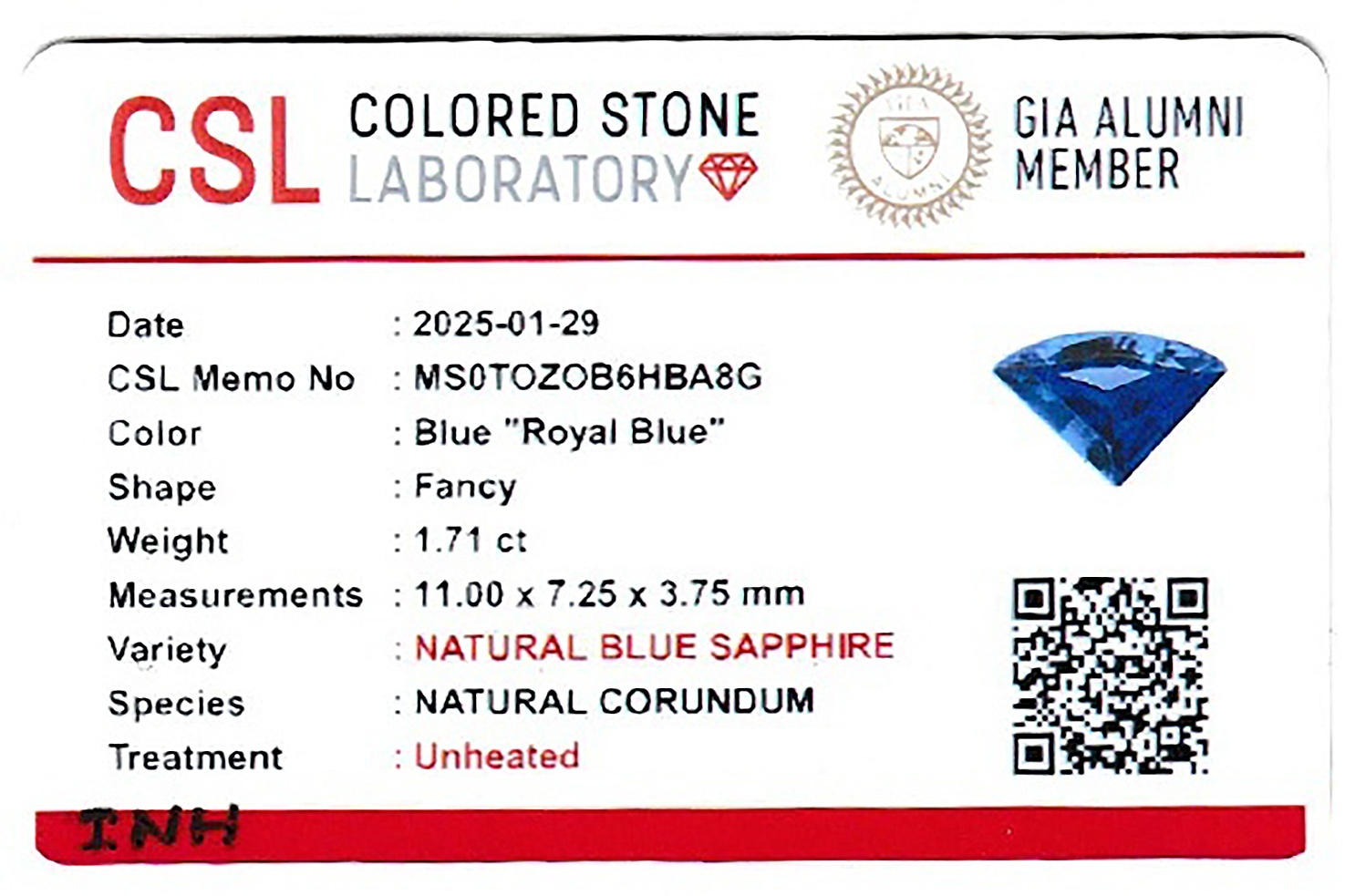 1.71 Ct. Blue Sapphire from Ceylon (Sri Lanka)