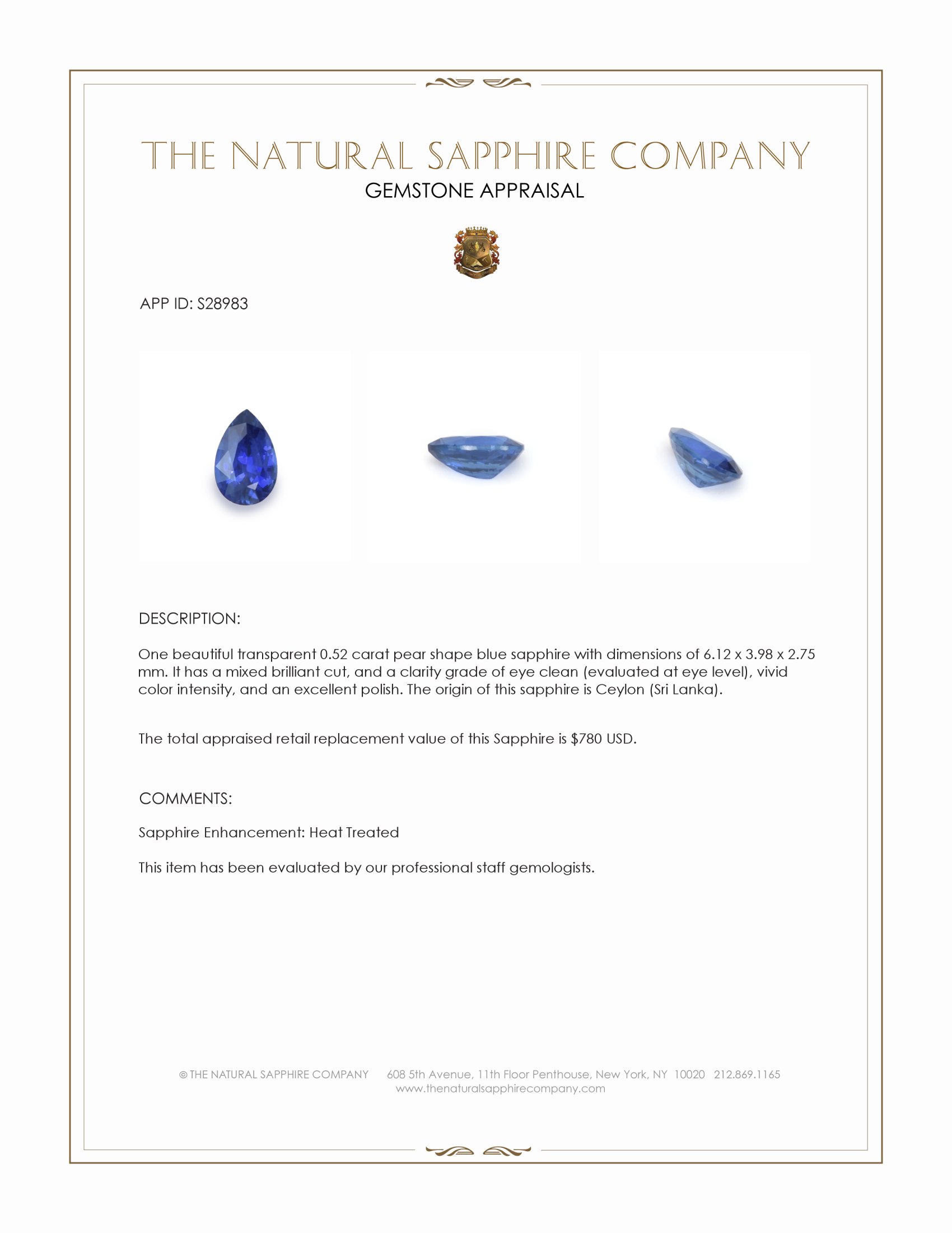 0.52 Ct. Blue Sapphire from Ceylon (Sri Lanka)