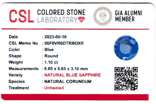 1.10 Ct. Blue Sapphire from Ceylon (Sri Lanka)
