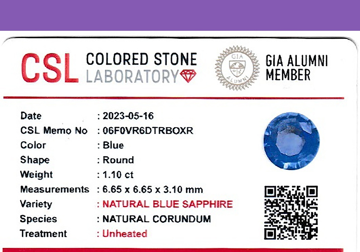 1.10 Ct. Blue Sapphire from Ceylon (Sri Lanka)
