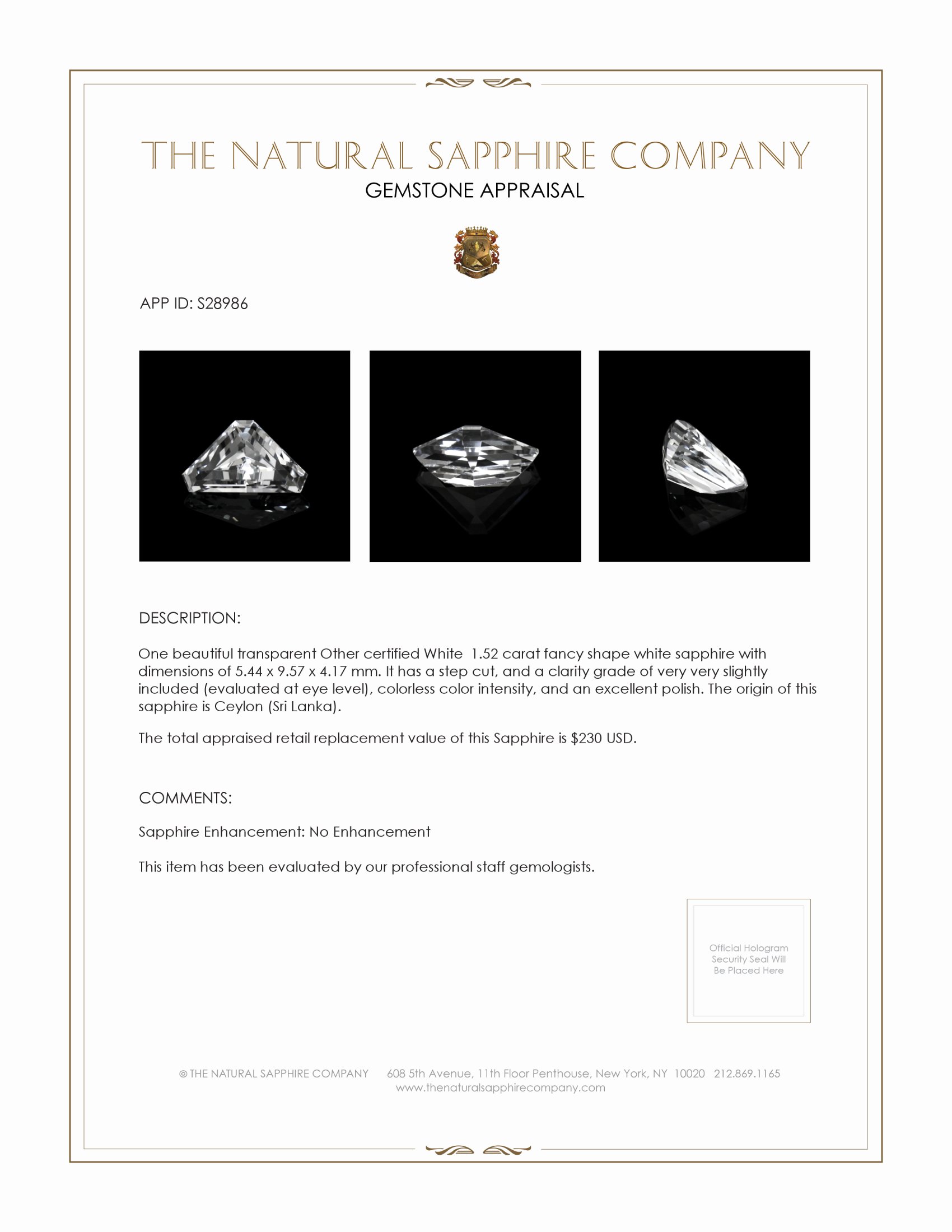 1.52 Ct. White Sapphire from Ceylon (Sri Lanka)