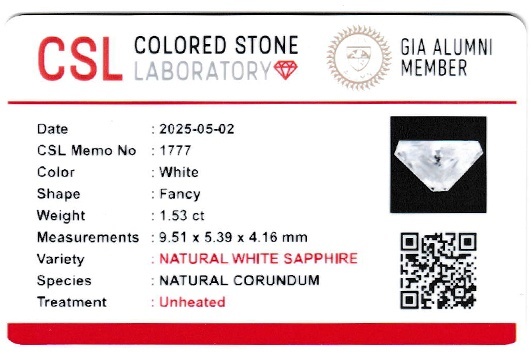 1.52 Ct. White Sapphire from Ceylon (Sri Lanka)