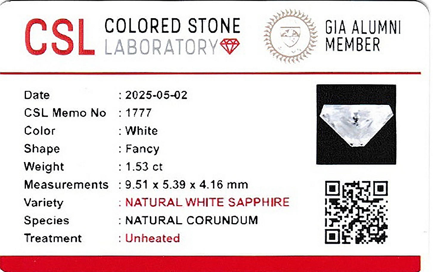 1.52 Ct. White Sapphire from Ceylon (Sri Lanka)