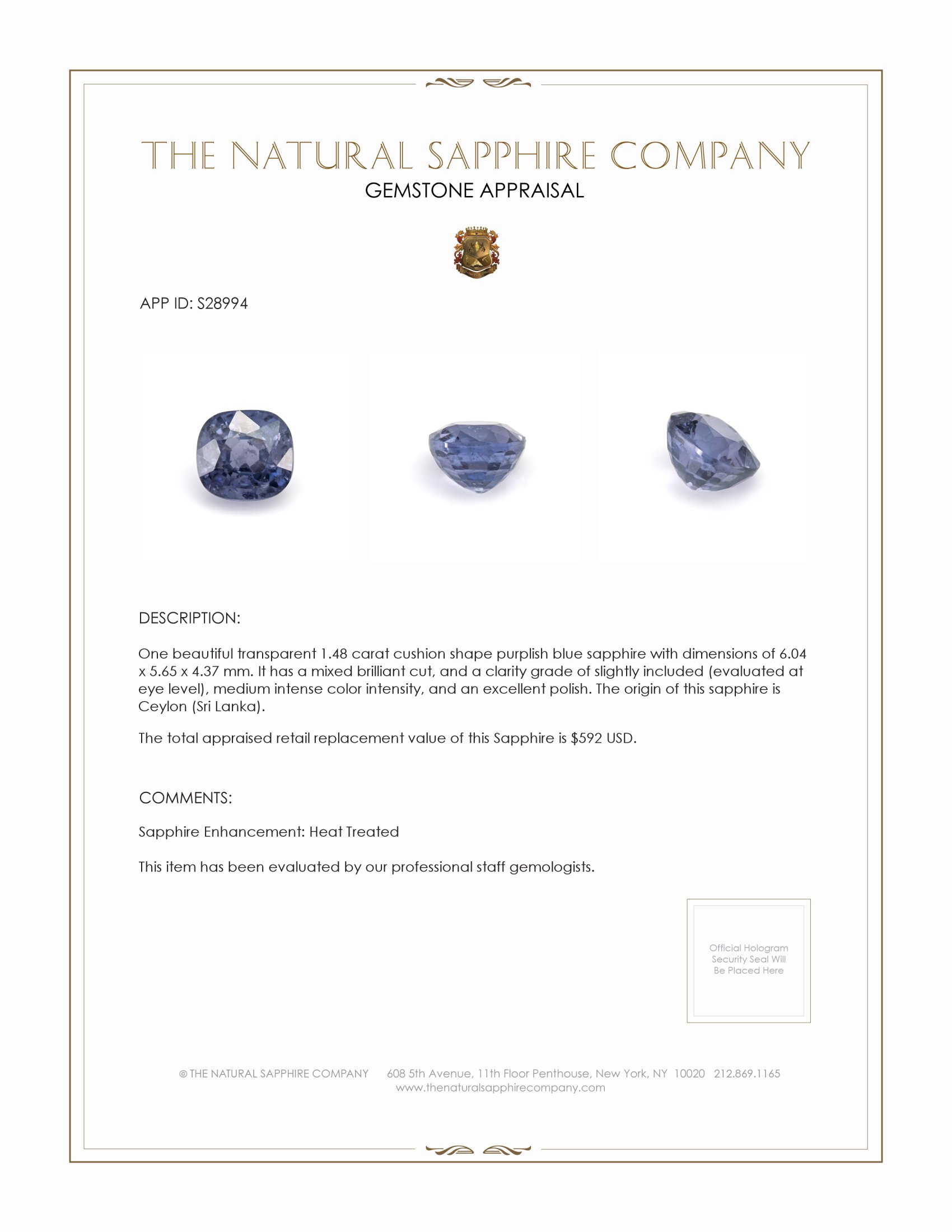 1.48 Ct. Purplish Blue Sapphire from Ceylon (Sri Lanka)