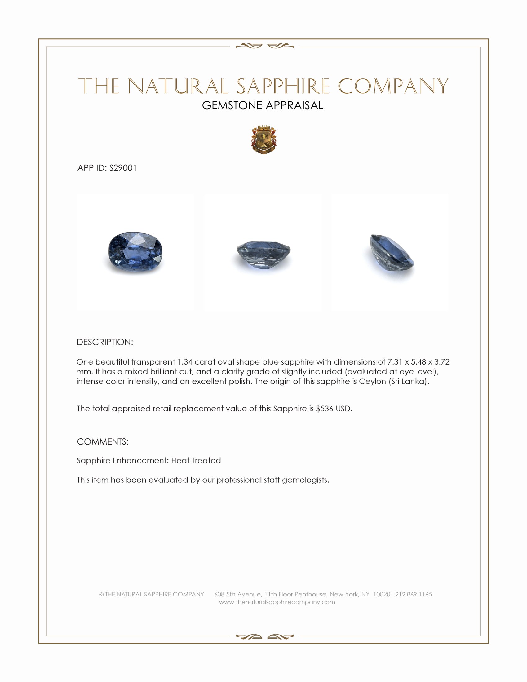 1.34 Ct. Blue Sapphire from Ceylon (Sri Lanka)