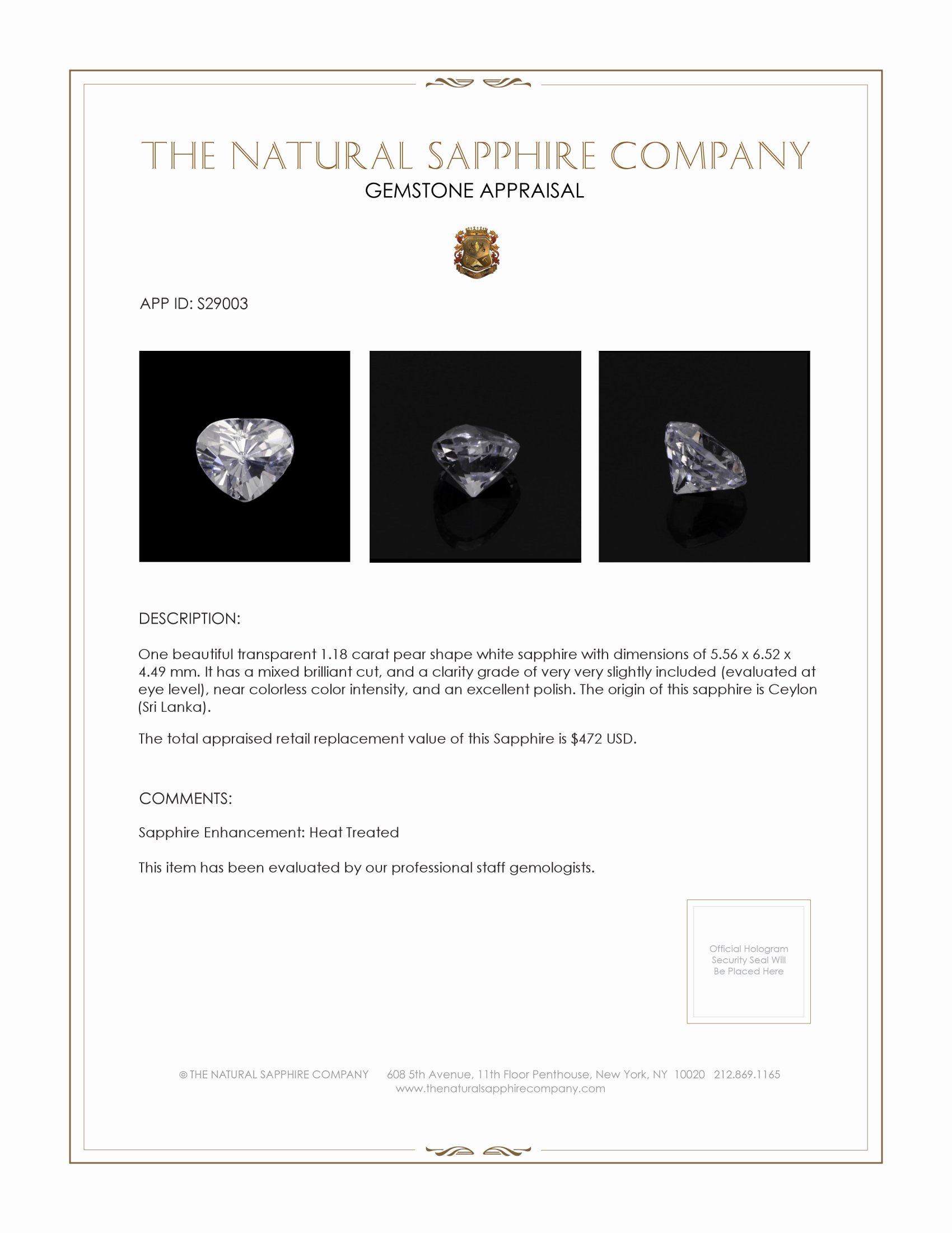 1.18 Ct. White Sapphire from Ceylon (Sri Lanka)
