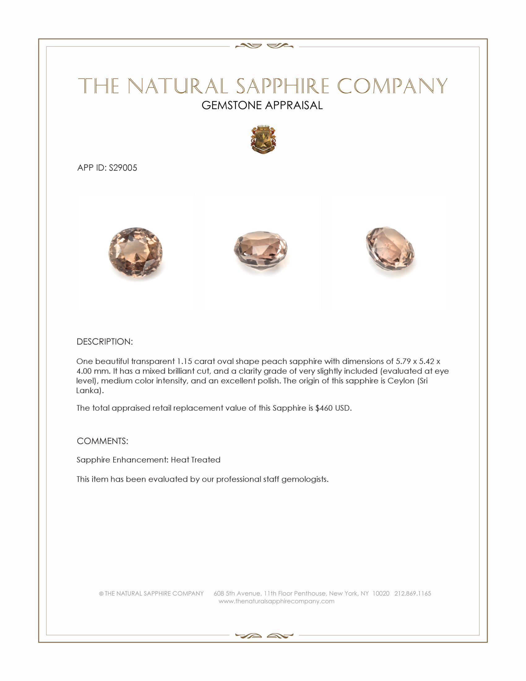 1.15 Ct. Peach Sapphire from Ceylon (Sri Lanka)
