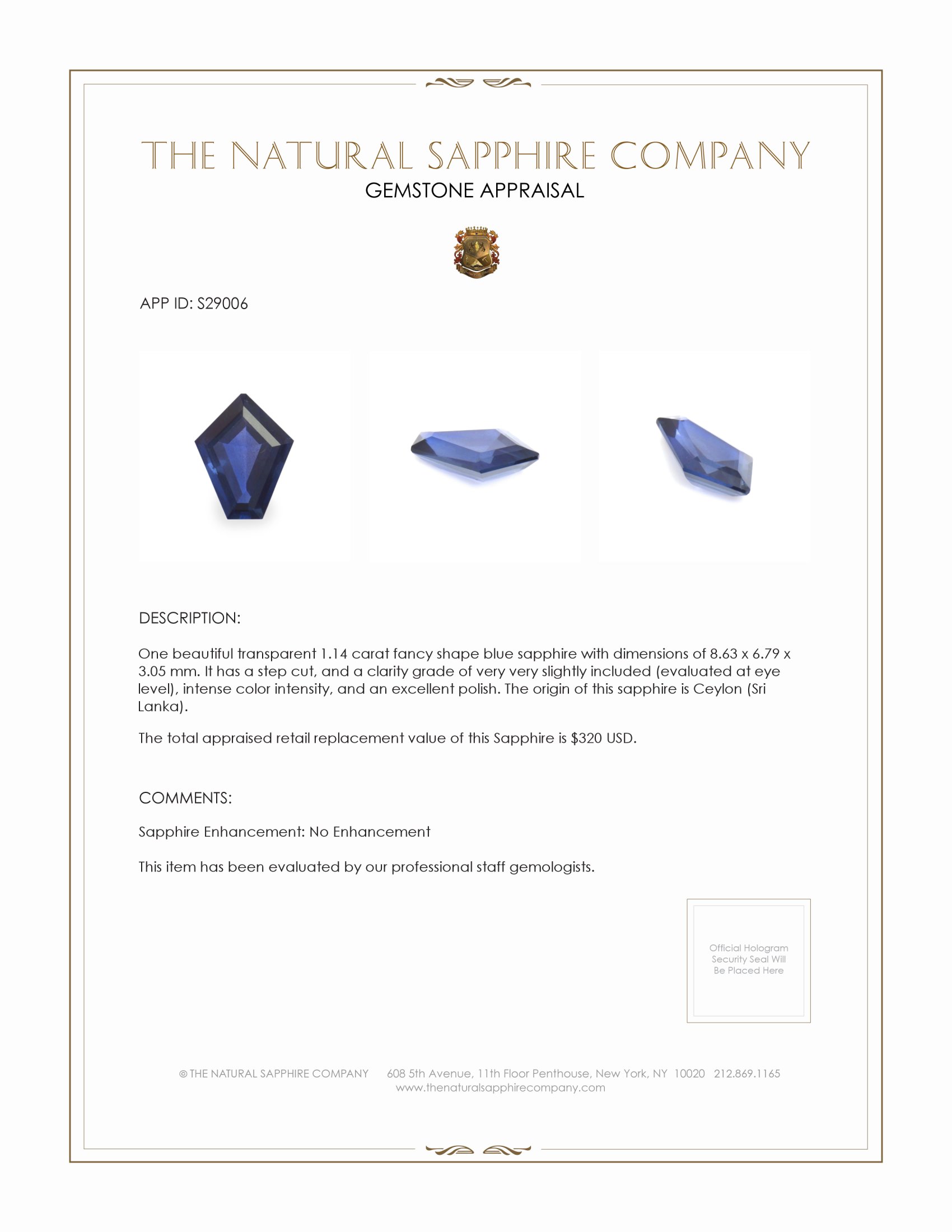 1.14 Ct. Blue Sapphire from Ceylon (Sri Lanka)