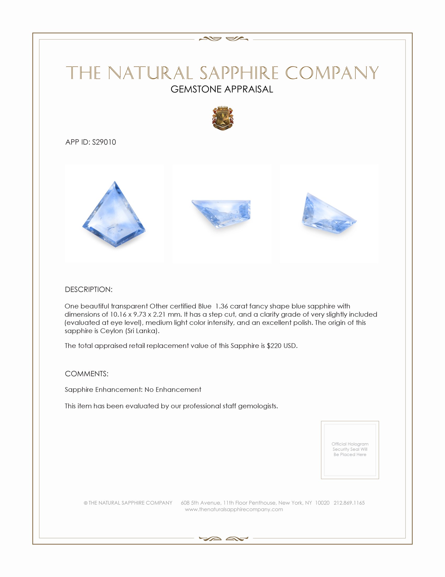 1.36 Ct. Blue Sapphire from Ceylon (Sri Lanka)