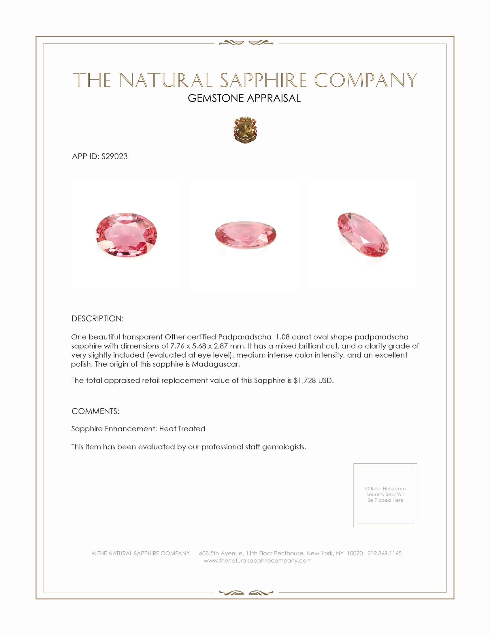 1.08 Ct. Padparadscha Sapphire from Madagascar