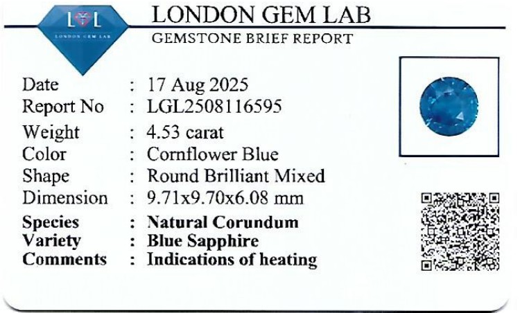 4.53 Ct. Blue Sapphire from Ceylon (Sri Lanka)