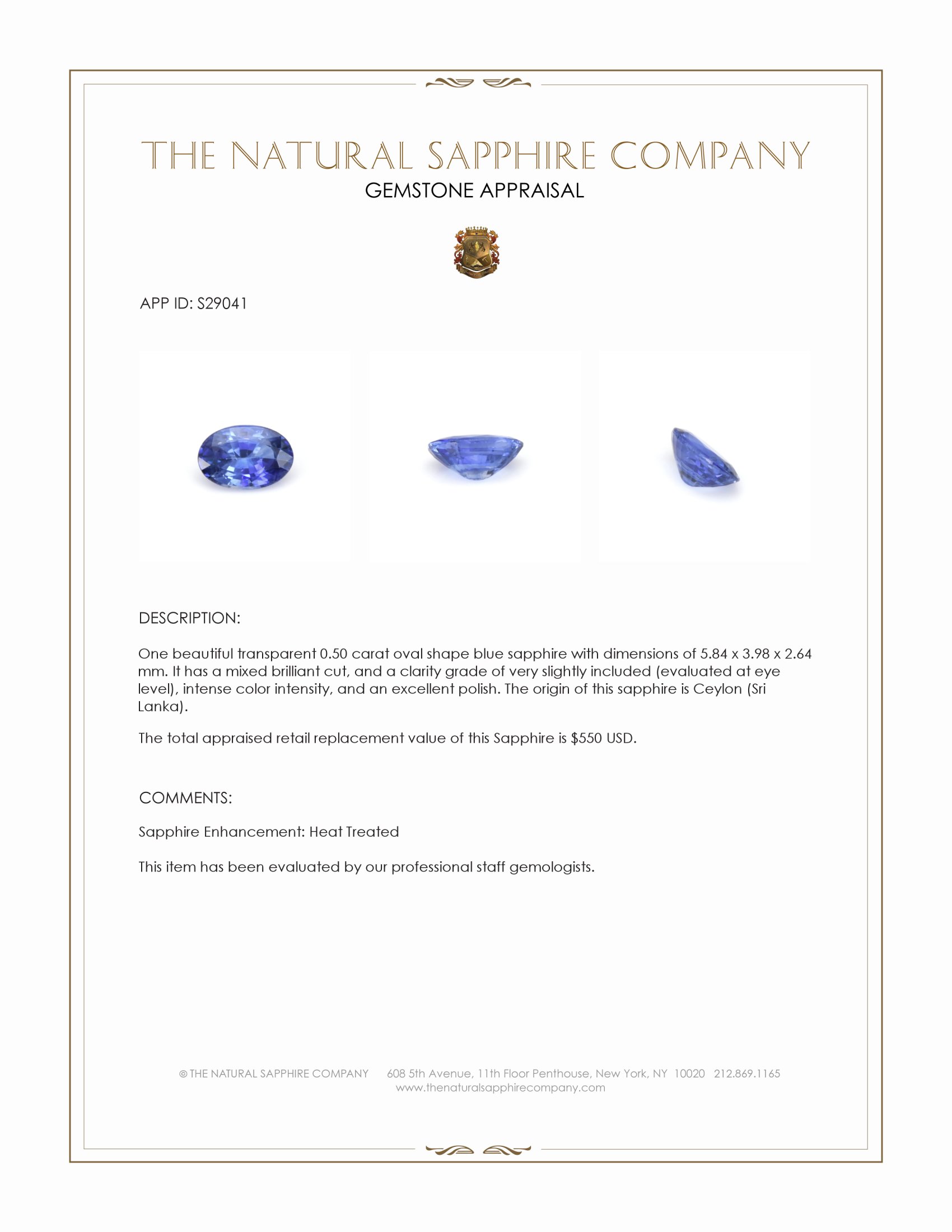 0.50 Ct. Blue Sapphire from Ceylon (Sri Lanka)