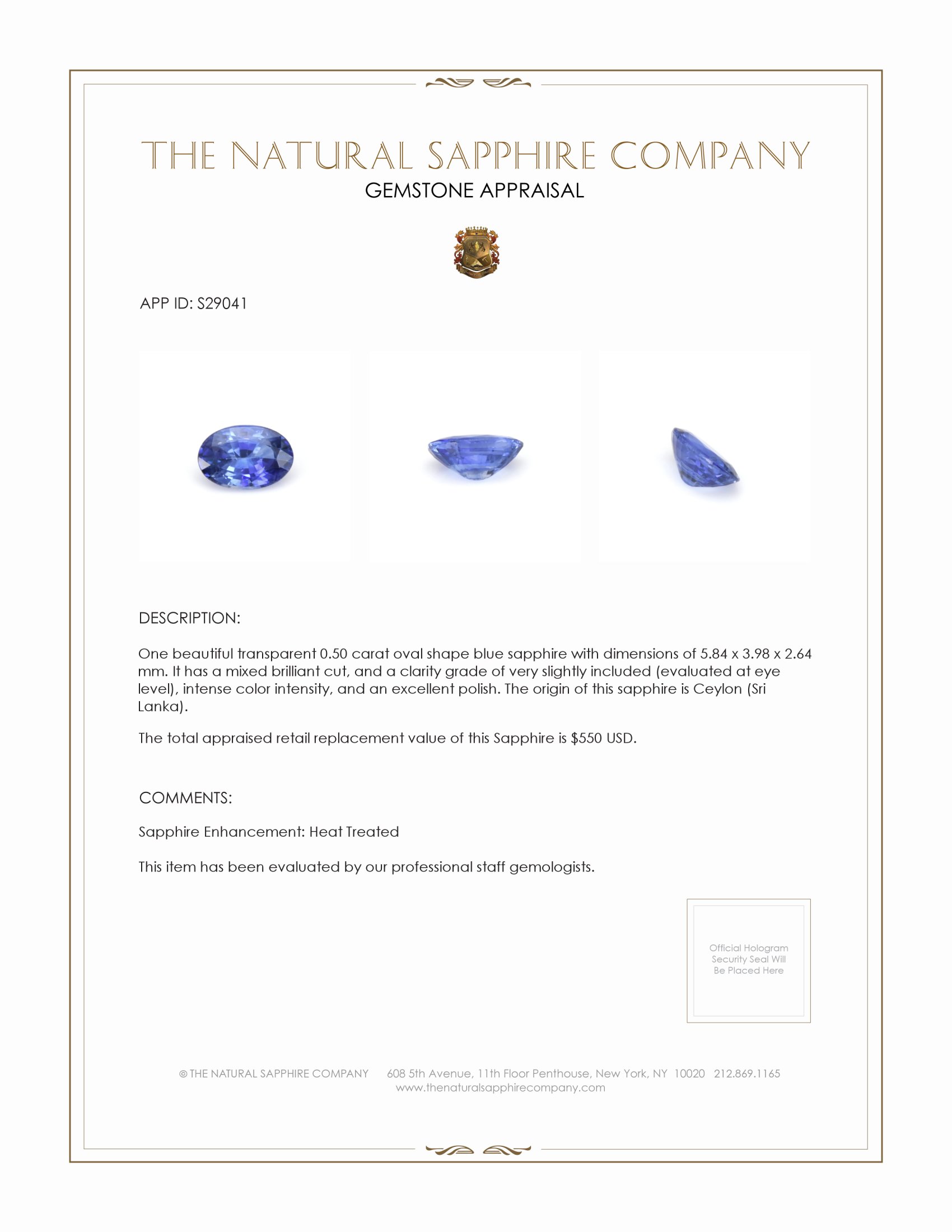 0.50 Ct. Blue Sapphire from Ceylon (Sri Lanka)