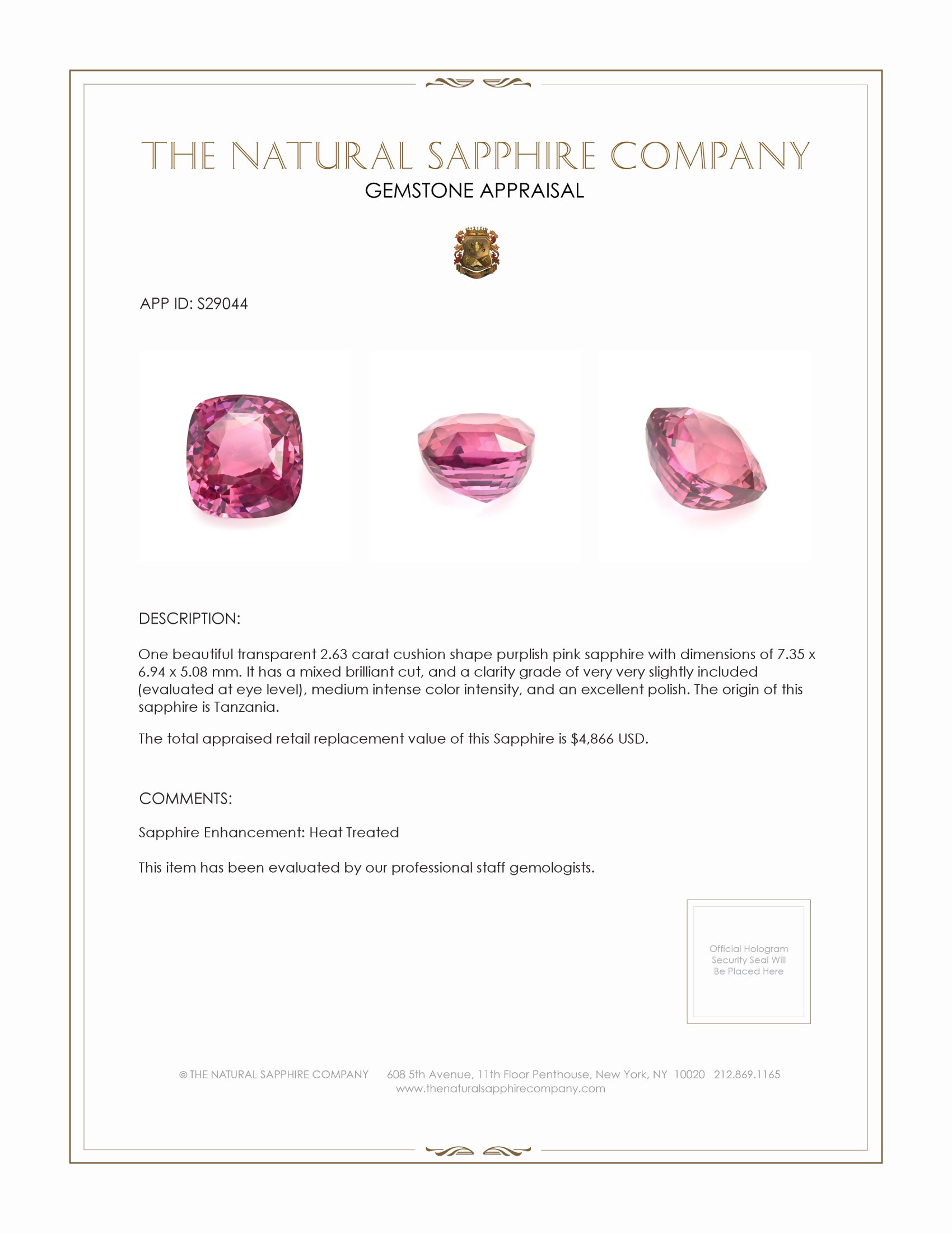 2.63 Ct. Purplish Pink Sapphire from Tanzania