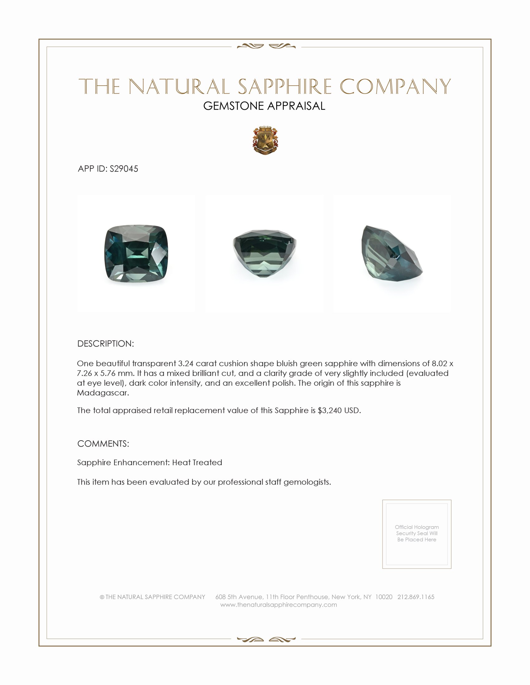 3.24 Ct. Bluish Green Sapphire from Madagascar