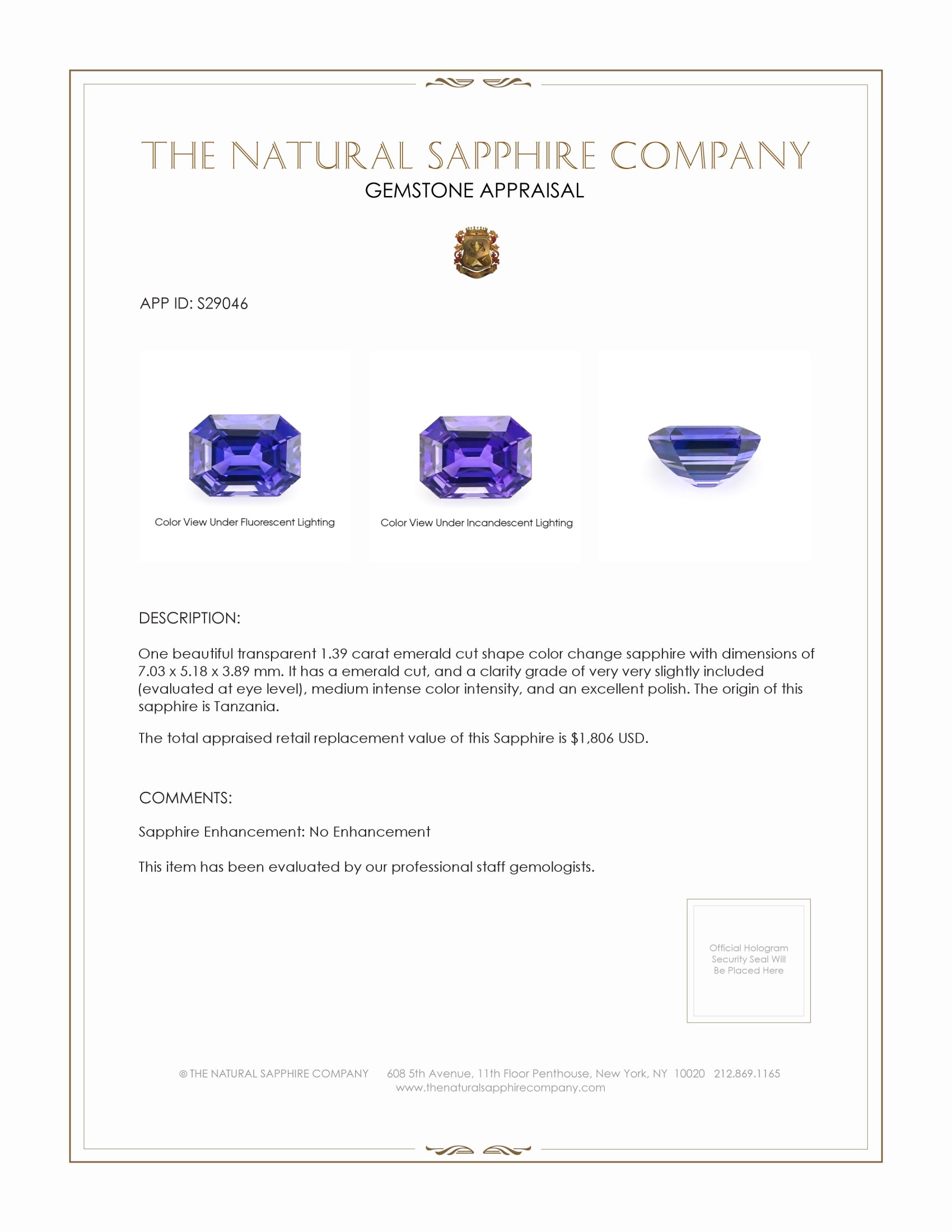 1.39 Ct. Color Change Sapphire from Tanzania