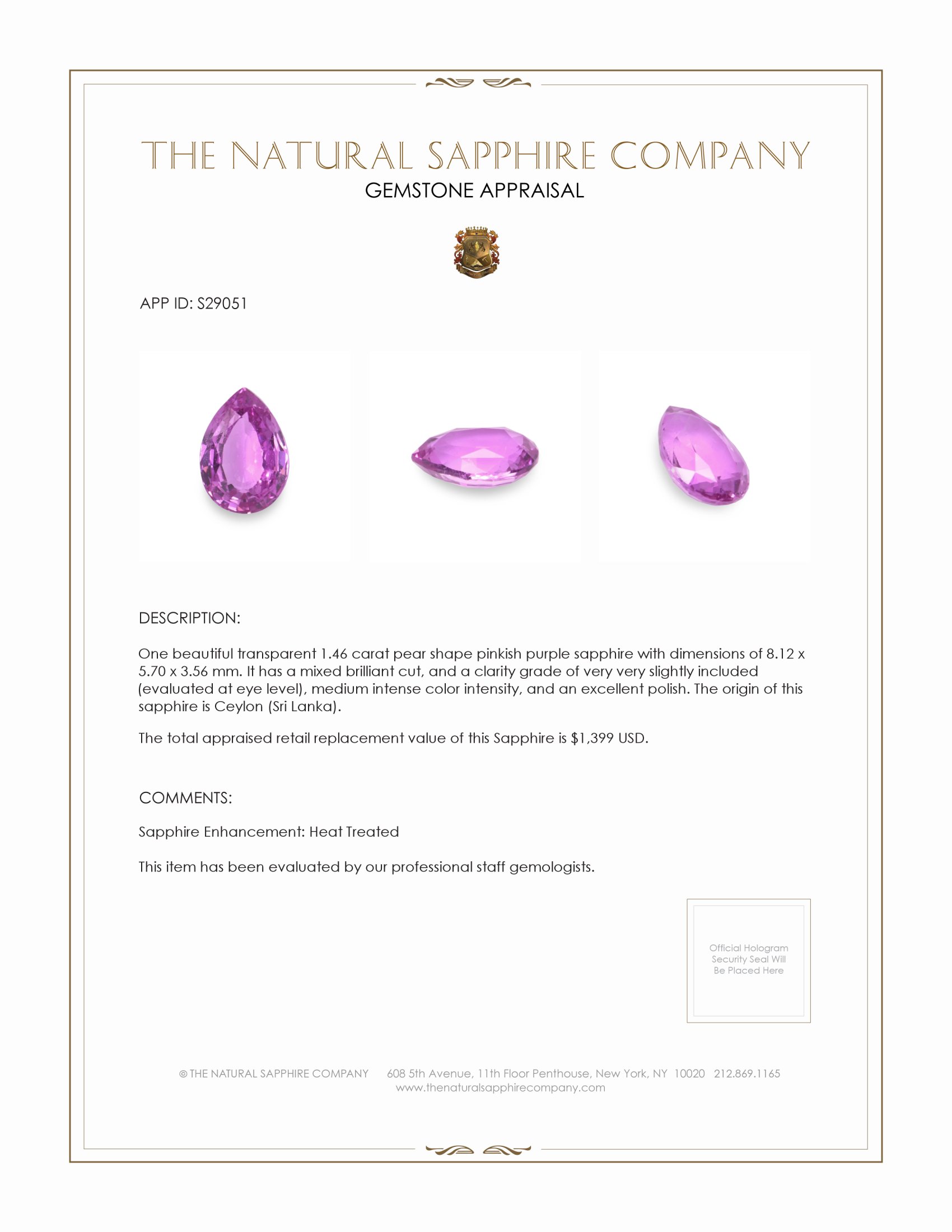 1.46 Ct. Pinkish Purple Sapphire from Ceylon (Sri Lanka)