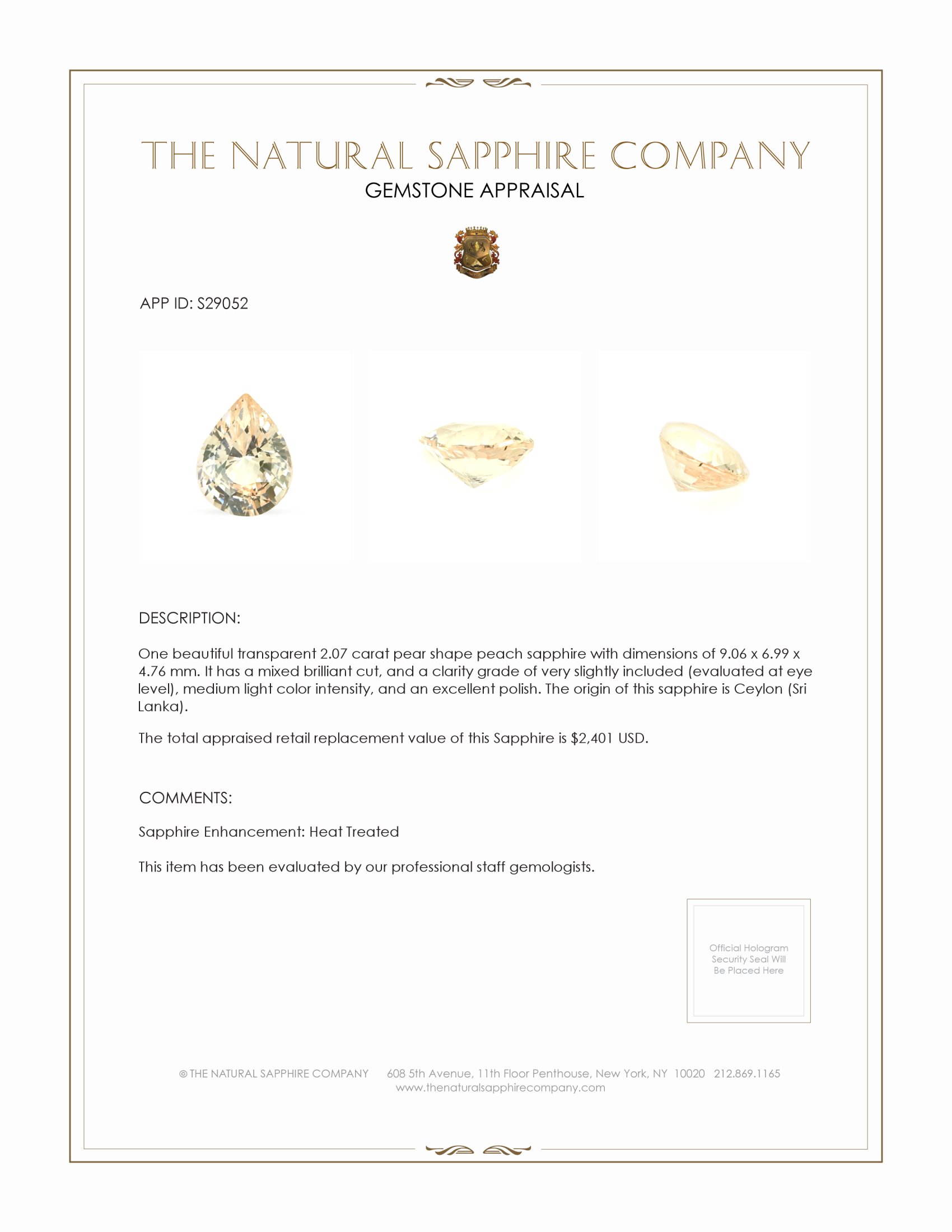 2.07 Ct. Peach Sapphire from Ceylon (Sri Lanka)